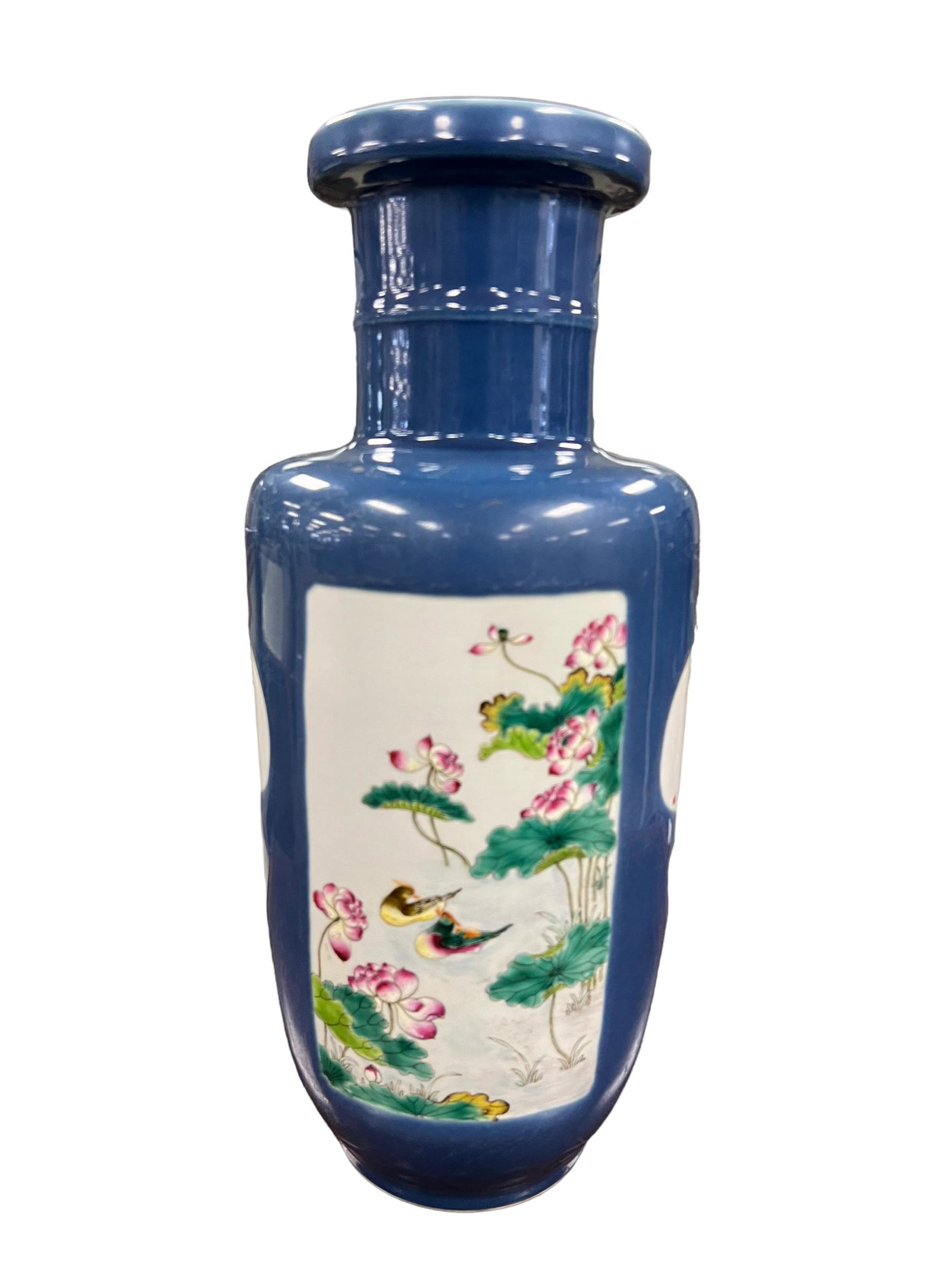 Chinese Powder Blue Glaze and Famille Rose Porcelain Vase: Chinese Powder Blue Glaze and Famille Rose Porcelain Vase, Height: 17.5 Inches