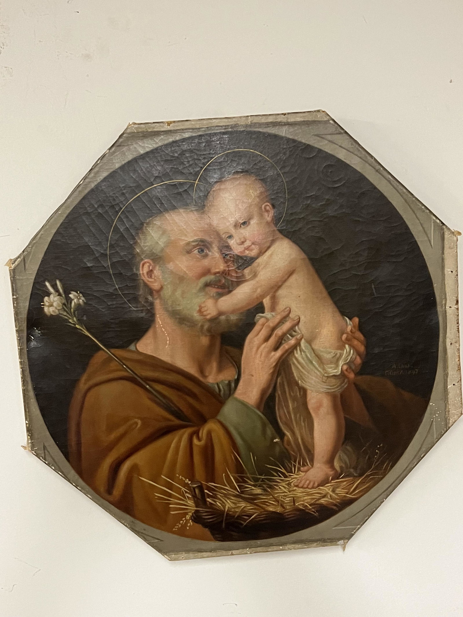 19th Century Oil on Canvas Painting of Baby Jesus (unframed): 19th Century Oil on Canvas Painting of Baby Jesus (unframed), size: 16.5 x 16.5 Inches