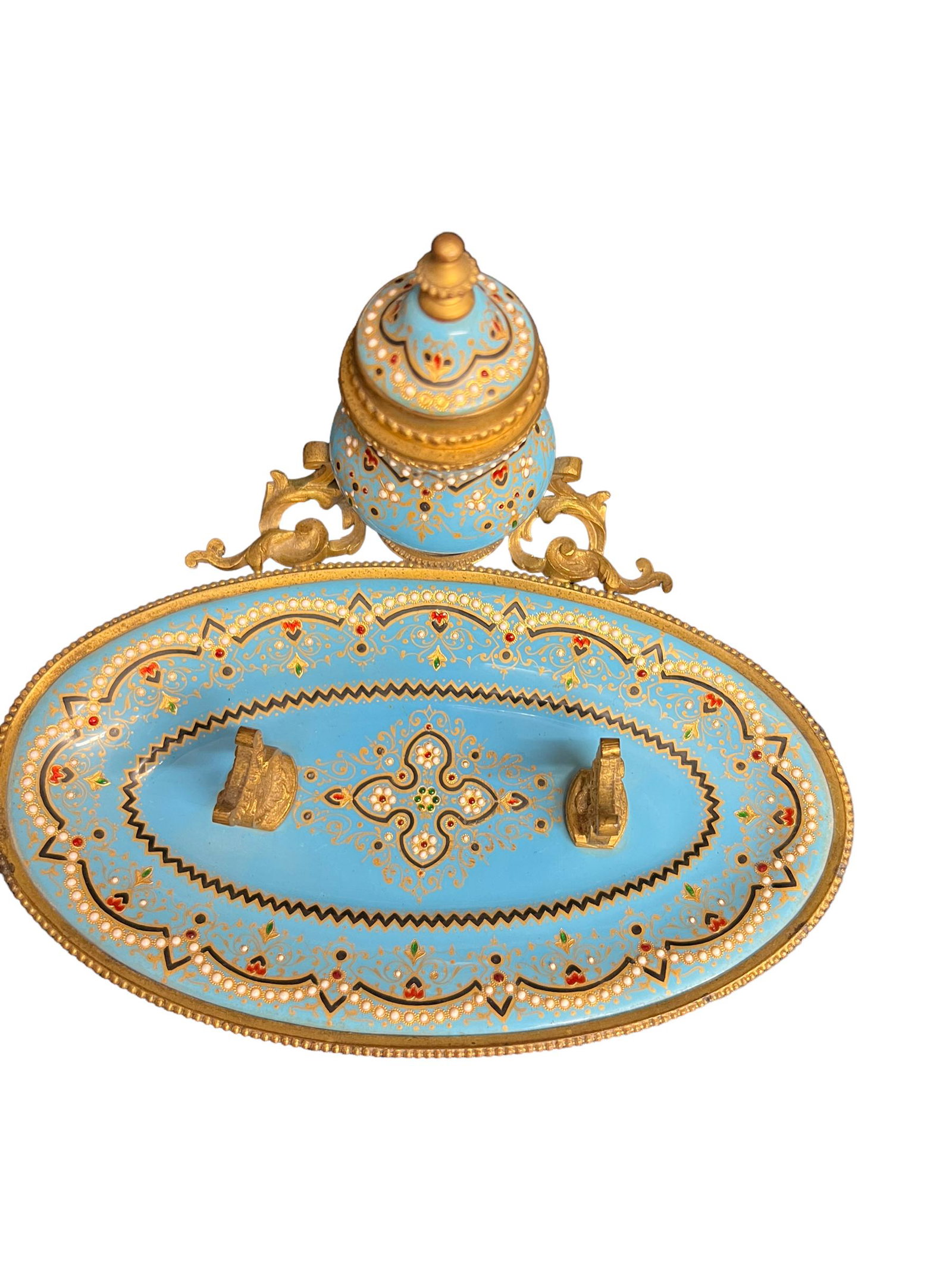 19th Century Jewel Set Enamel Bronze Inkwell (1 of 11)