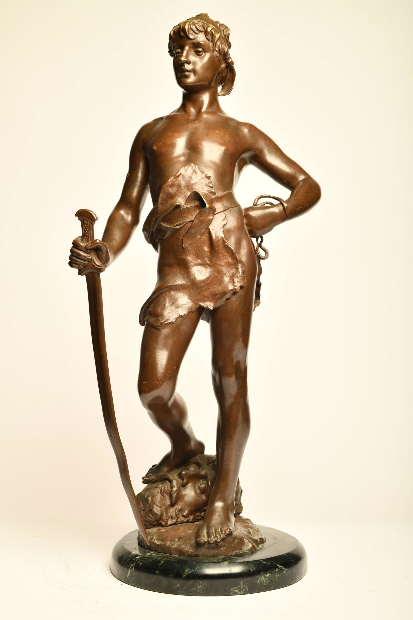 Antique 19th C. French Bronze Statue Of David Signed Eugène Marioton