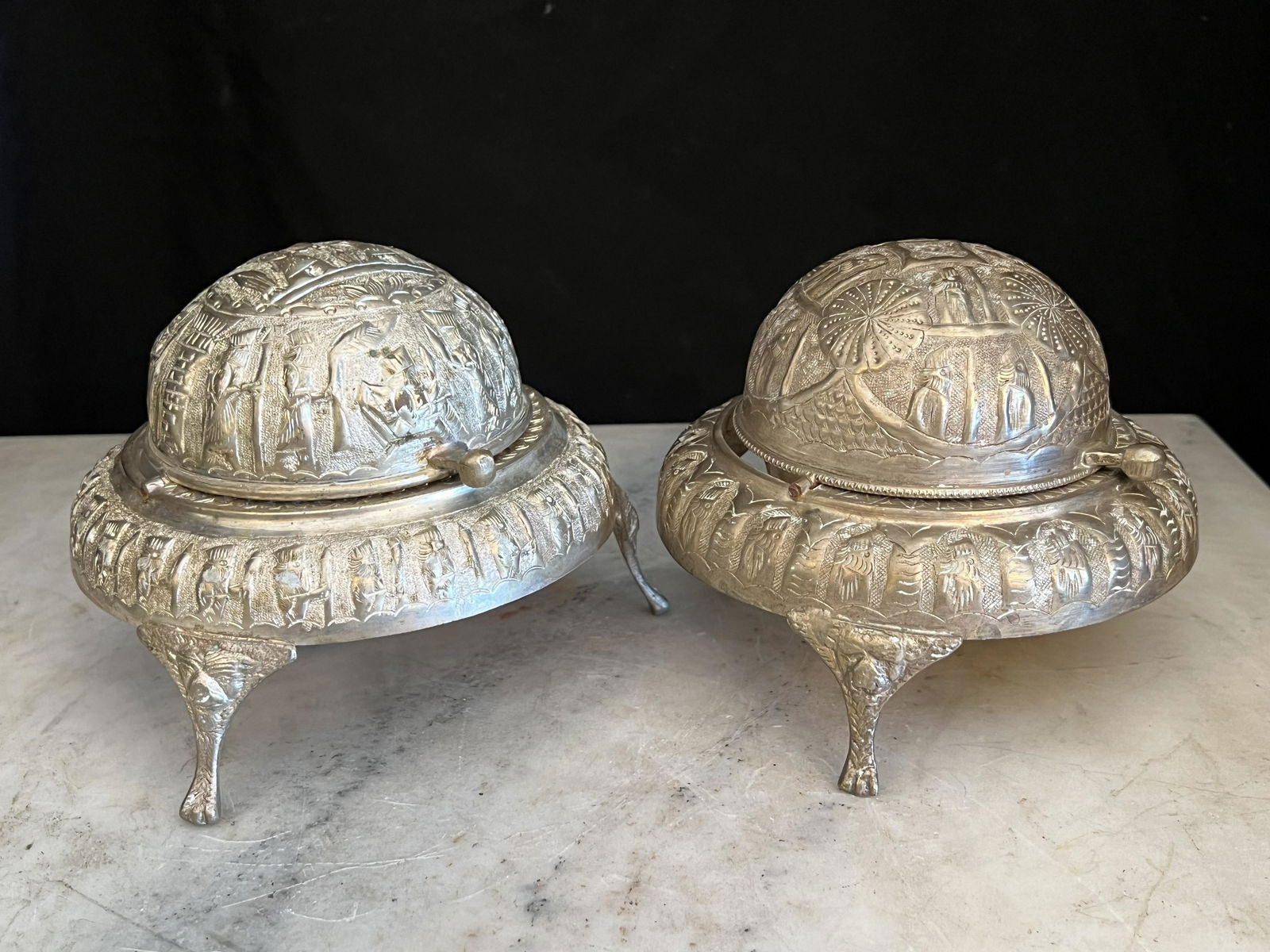 Pair of Persian Silver Lidded Tripod Dishes (1 of 7)