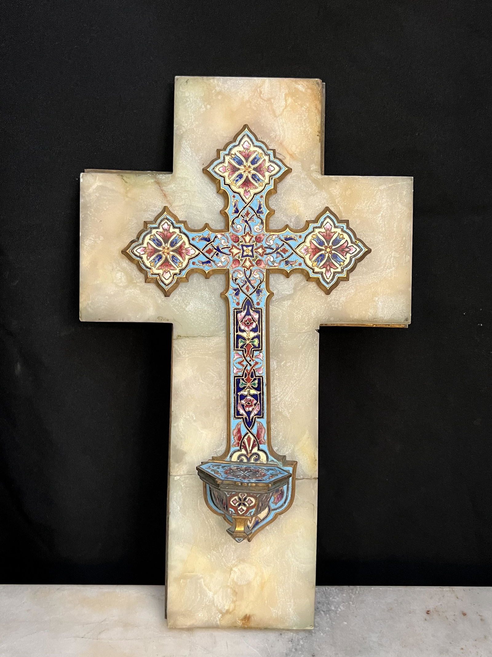 French 19th C. Gilt Bronze and Champleve Enamel Cross on Marble (1 of 9)