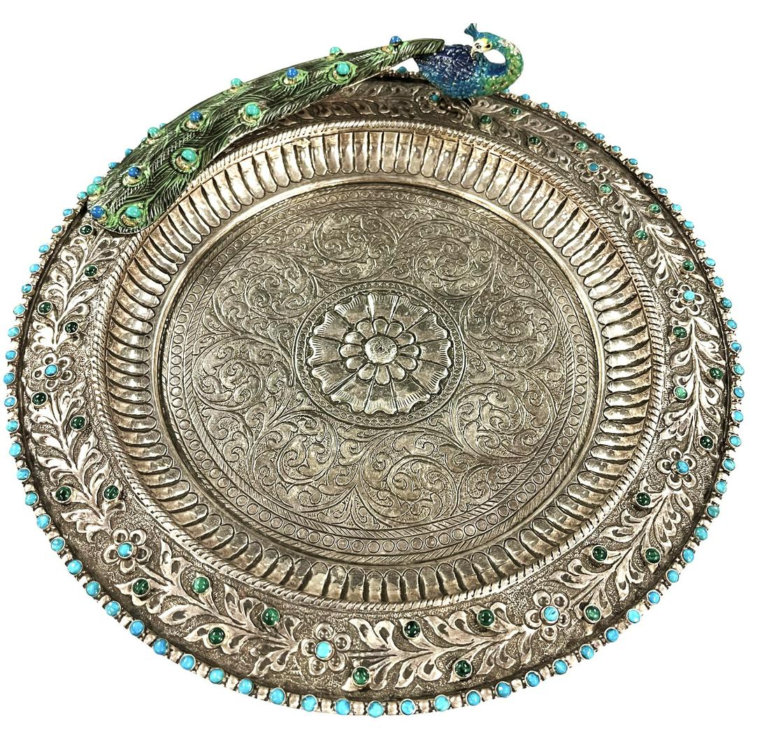 Antique Middle Eastern Persian repose Solid Silver Peacock Tray (1 of 9)
