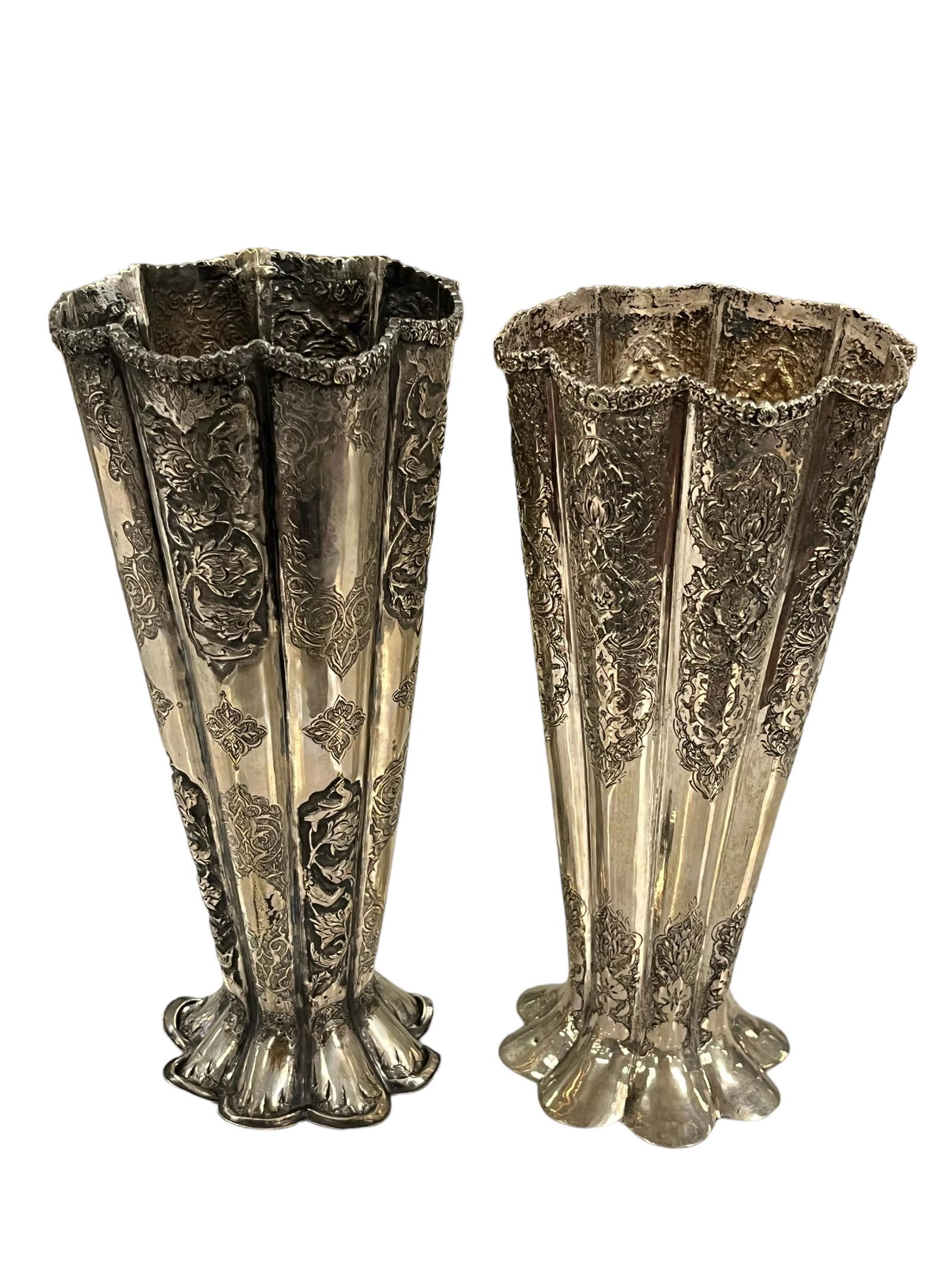 Pair of Antique Middle Eastern Persian Repose Solid Silver Vases (1 of 15)