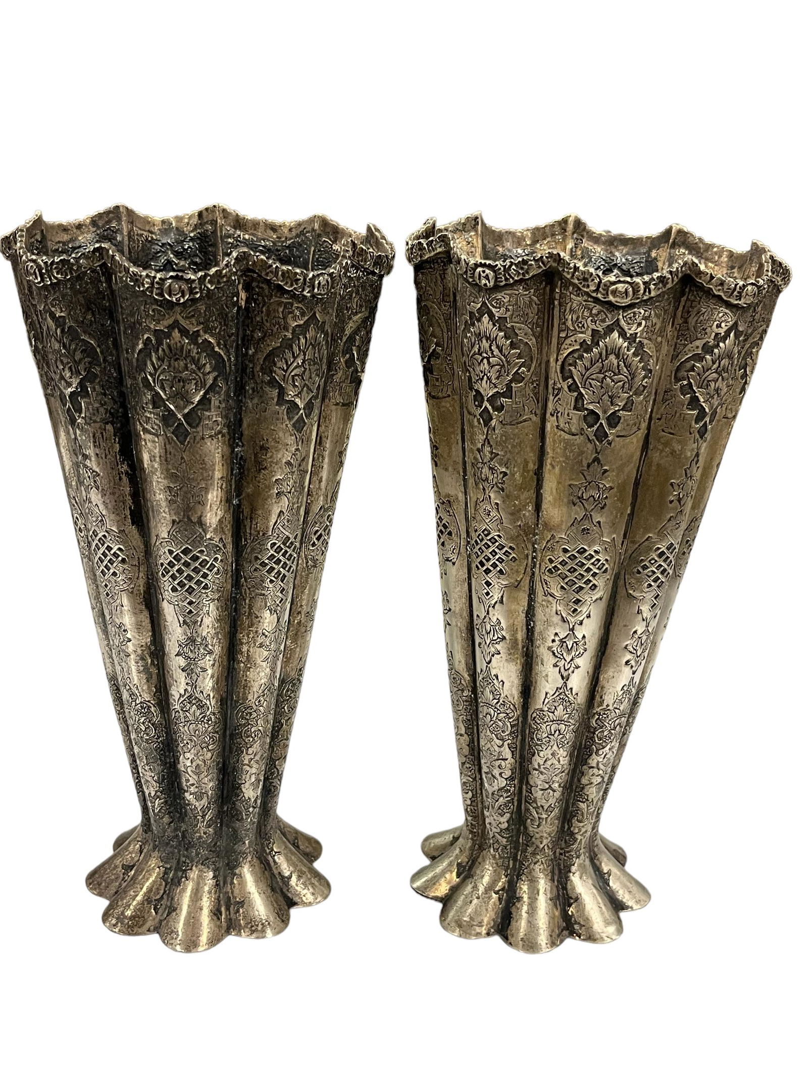 Pair of Antique Middle Eastern Persian Repose Solid Silver Vases (1 of 15)