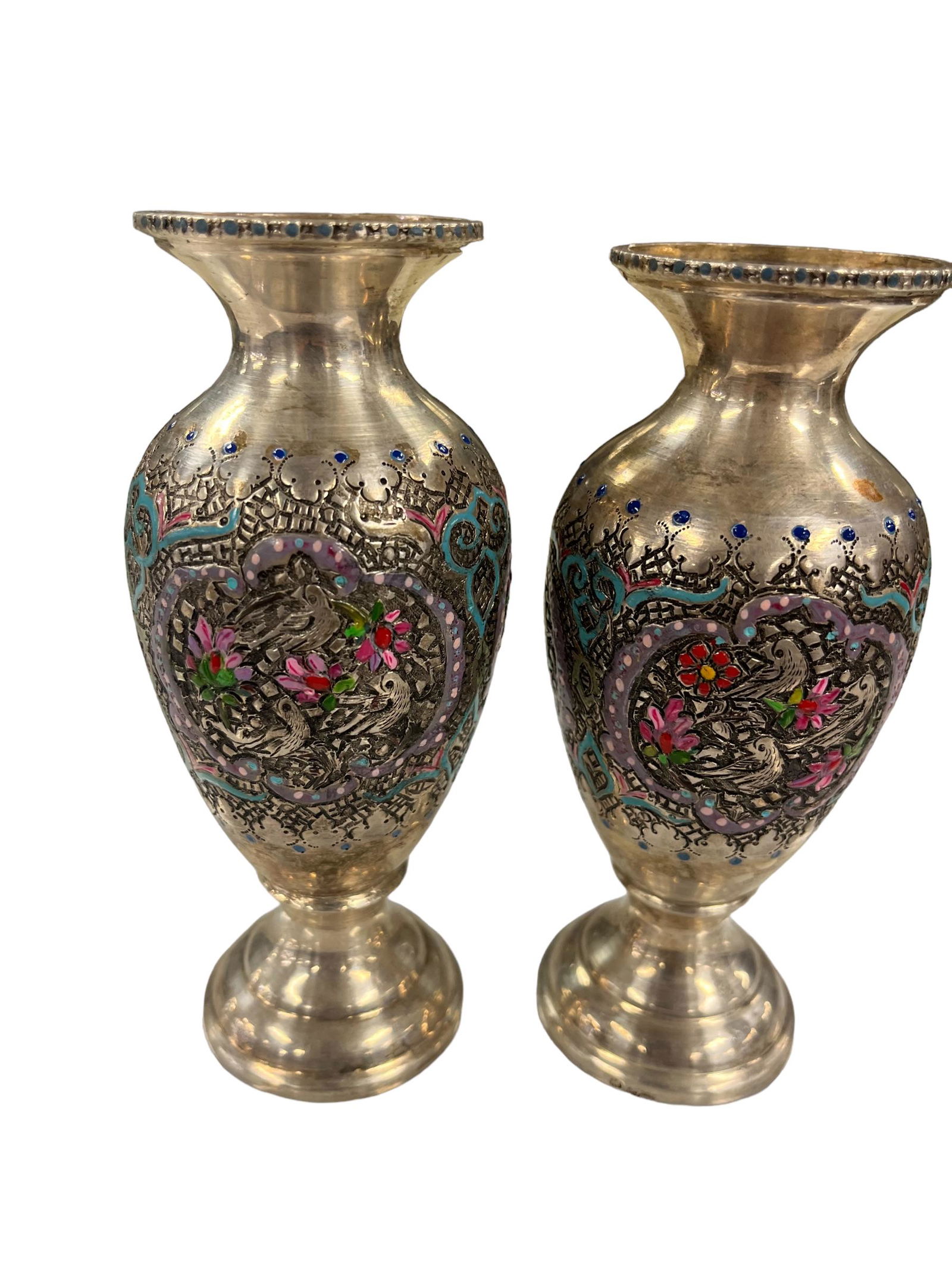 Pair of Antique Middle Eastern Persian Solid Silver Repose Vases (1 of 13)