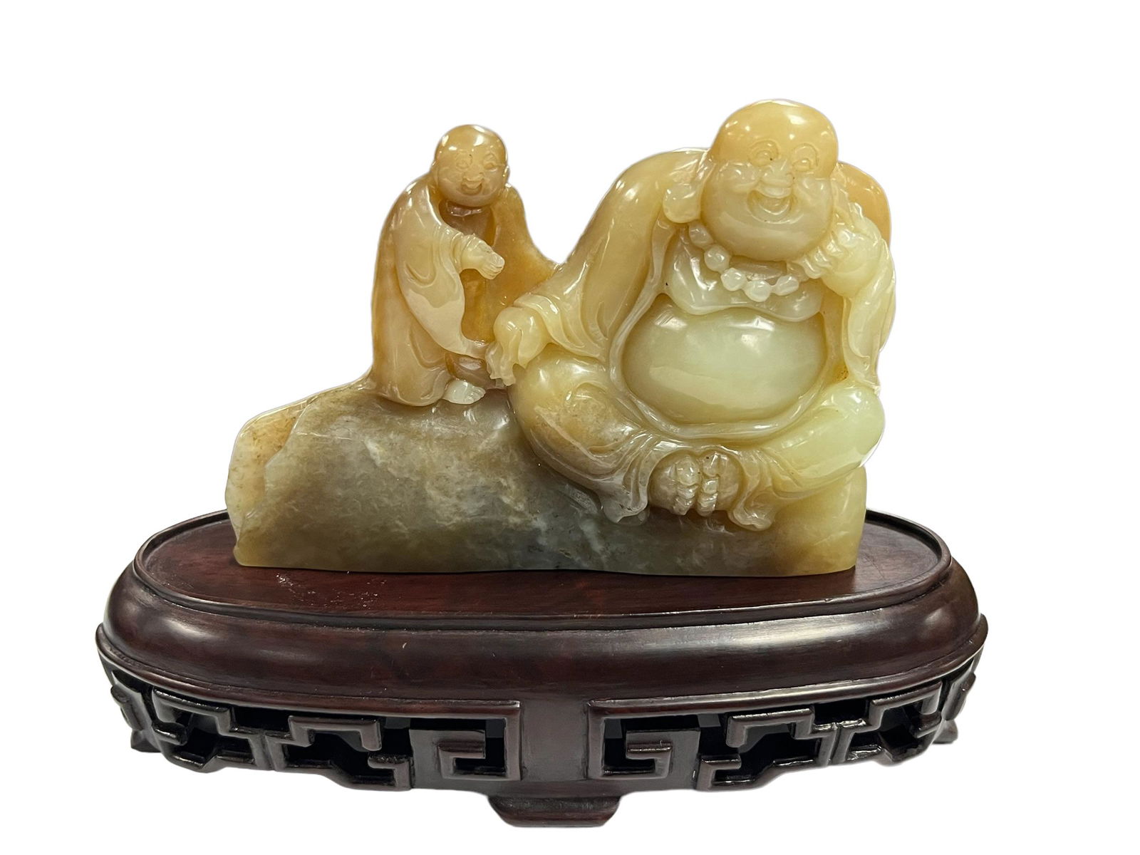 Chinese Carved yellow Jade Seated Buddha & Attendant & Hardwood Stand (1 of 8)