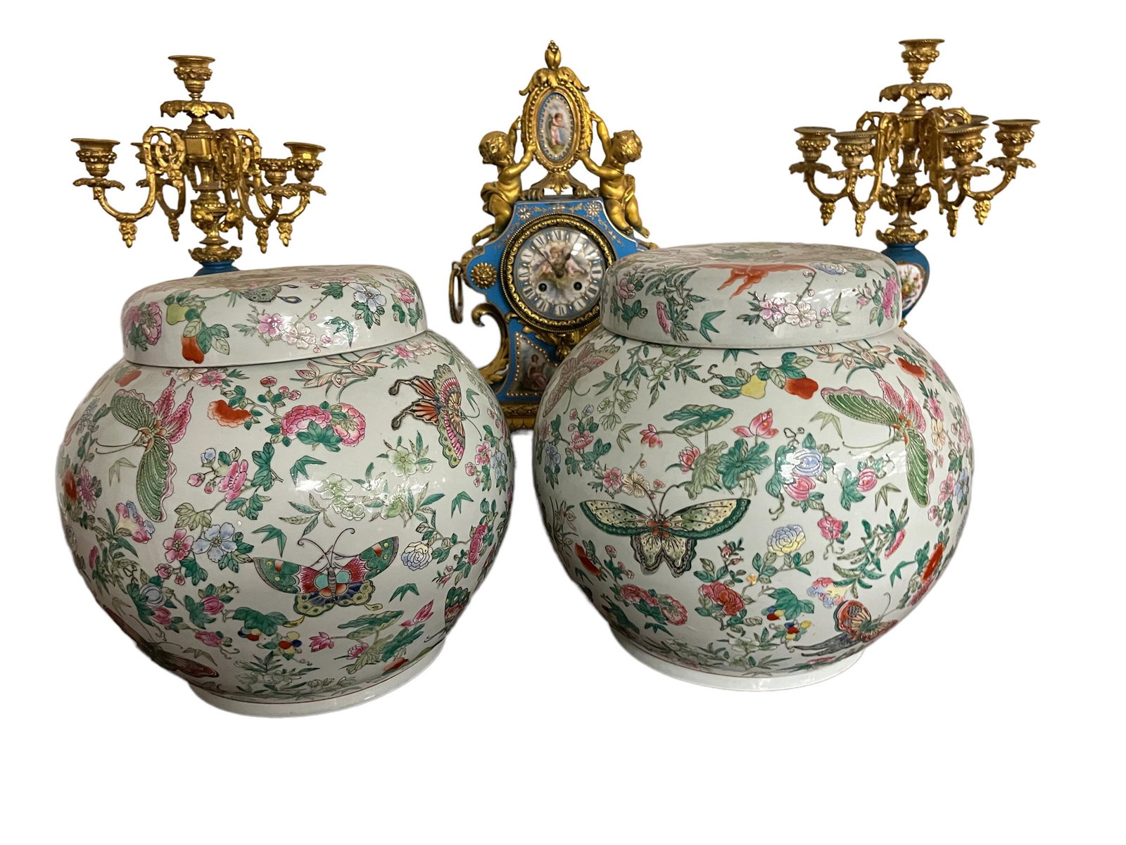Pair of Chinese Famille Rose Porcelain Lidded Jars: Pair of Chinese Famille Rose Porcelain Lidded Jars, Diameter: 13 Inches
