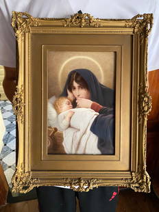 Beautiful KPM Porcelain plaque "Mothers Love" Mother Mary and Jesus - Germany 19th Century: "Mothers Love" Painting in glaze on porcelain 19th century Germany Signed on back of plaque 9.5 inches x 7 inches - Plaque 11.56 inches x 14.5 inches - Framed An antique KPM porcelain plaque painting