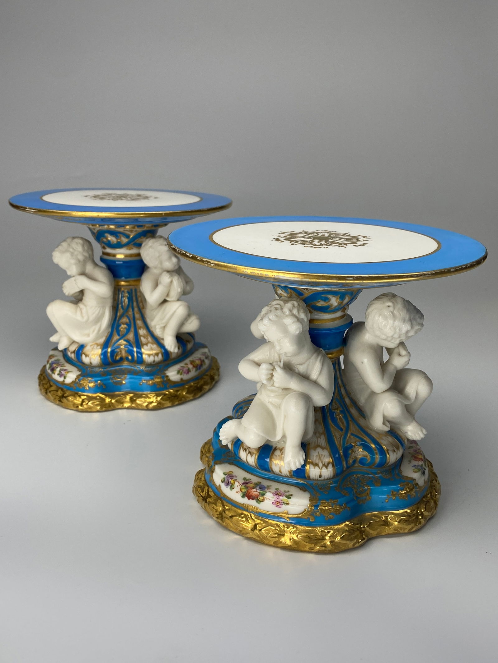 Beautiful Pair of Coalport Turquoise Porcelain Gilded Stands - 1850s England (1 of 10)