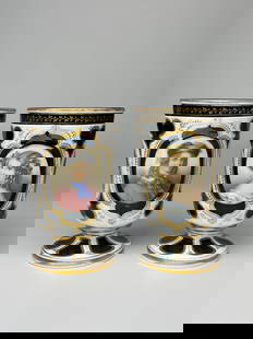 Pair of Bohemian Enameled Emerald Glass Goblets with Portrait and Floral Motifs. - 19th century: Pair of Bohemian Enameled Emerald Glass Goblets with Portrait and Floral Motifs. Pair of Bohemian cut overlay goblets with white cut and gilded designs. Hand painted portraits of a young man and woman