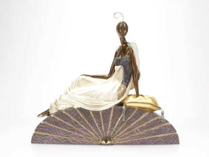 Romain (Erte) De Tirtoff (1892-1990 New York: "Kings Favorite", a polychromed bronze depicting a reclining woman atop a relief-decorated fan-shaped base. Signed, numbered and dated with copyright symbol: 332/375 / 1990 / Chalk & Vermilion and Sev