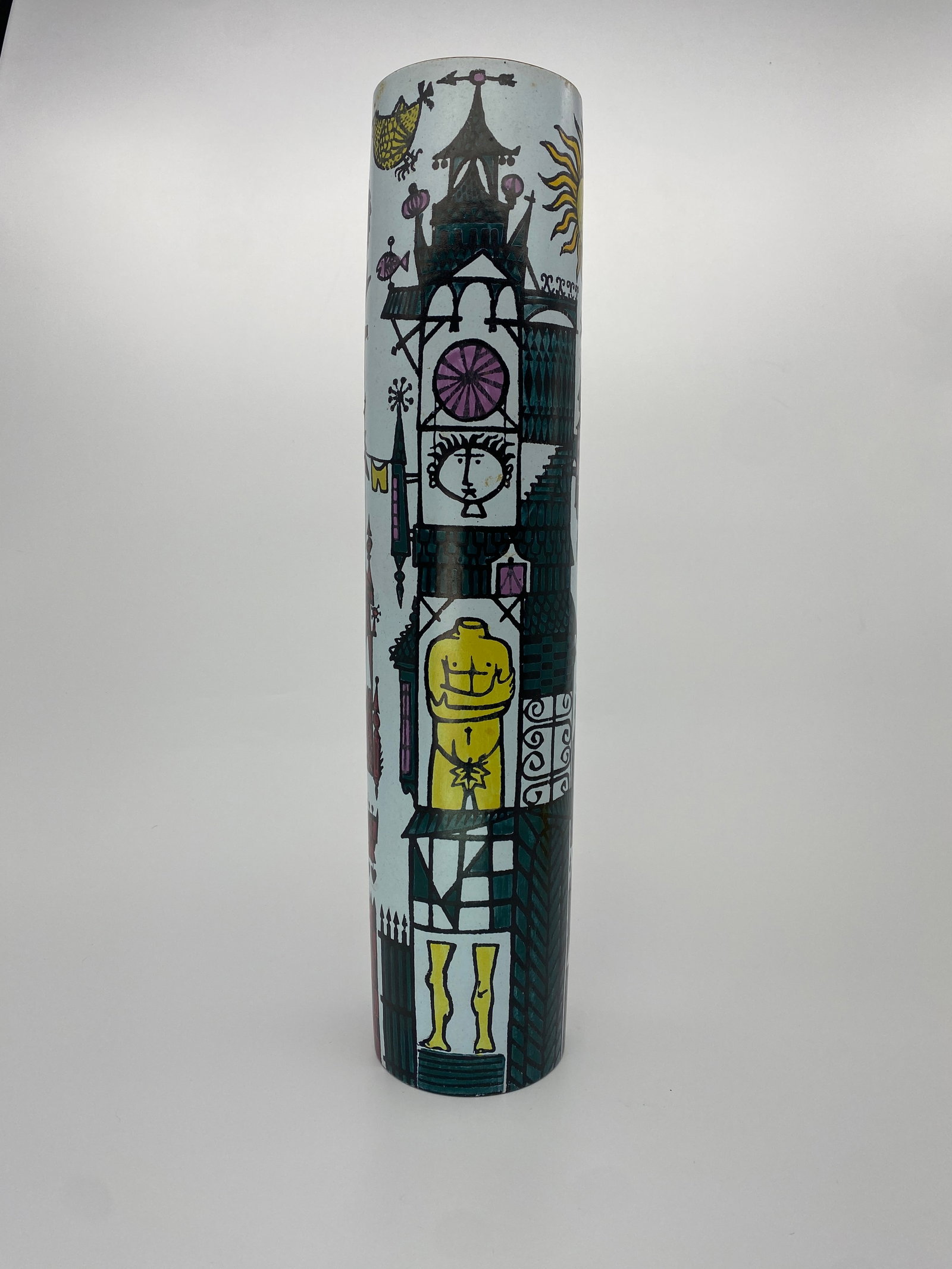 Stig Lindberg - Gustavsberg "Karneval" Vase 1950s-60s: Faience "Karneval” vase by Stig Lindberg, in a long cylinder shape. Rare motif with a graphic look, of playful vases in different forms. The rim is unglazed, giving an organic touch to the smoot