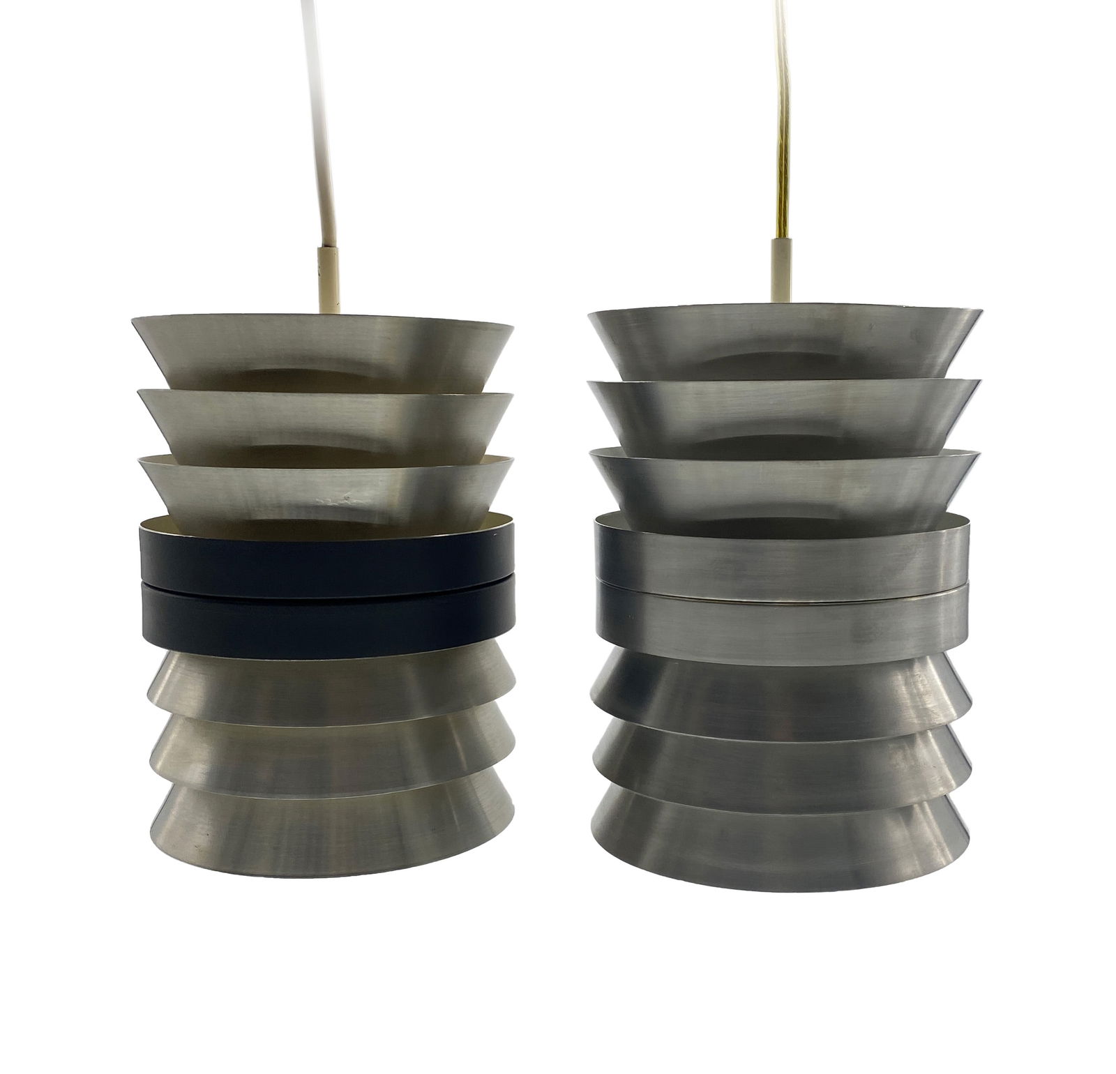 Pair of Doria Leuchten Chandeliers 1960s Germany: Pair of 1960s Doria Leuchten ceiling lamps made out of layered brushed aluminum. Mid 20th century design, Carl Thore style. Doria Leuchten, Germany, 1960s Wiring has *not* been checked