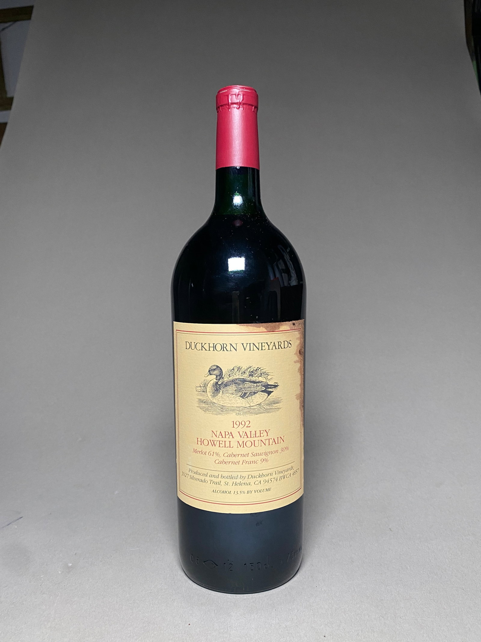 Duckhorn Vineyards 1992 Napa Valley magnum: This wine shows aromas of sweet plum sauce, vanilla, chocolate, cedar and butterscotch with big, forward black cherry and black berry fruit in the mouth. A balanced middle with a hint of toasty oak is