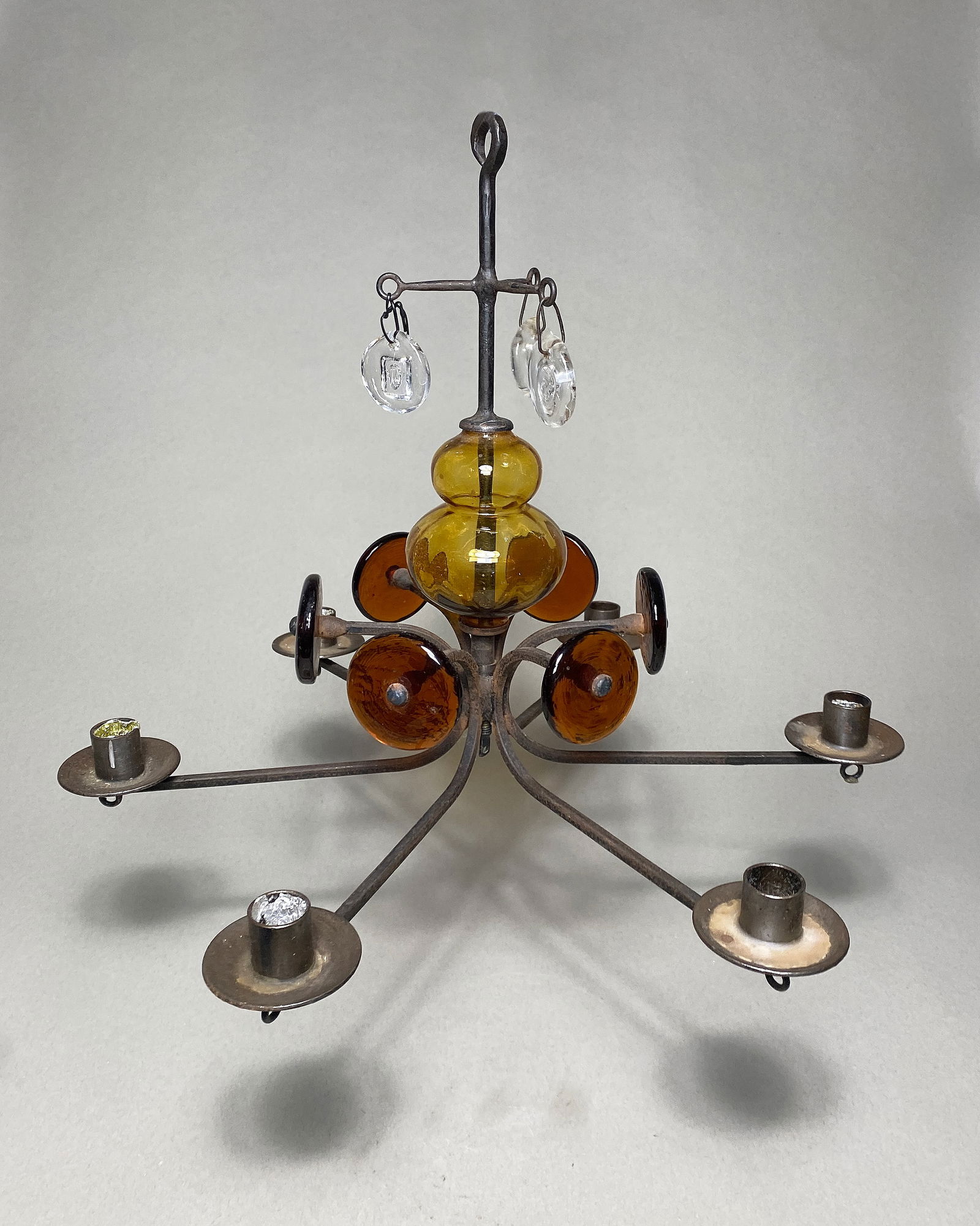 Erik Hoglund's Six-Light Chandelier, hammered steel and hand-blown glass, Mid 20th Century (1 of 1)