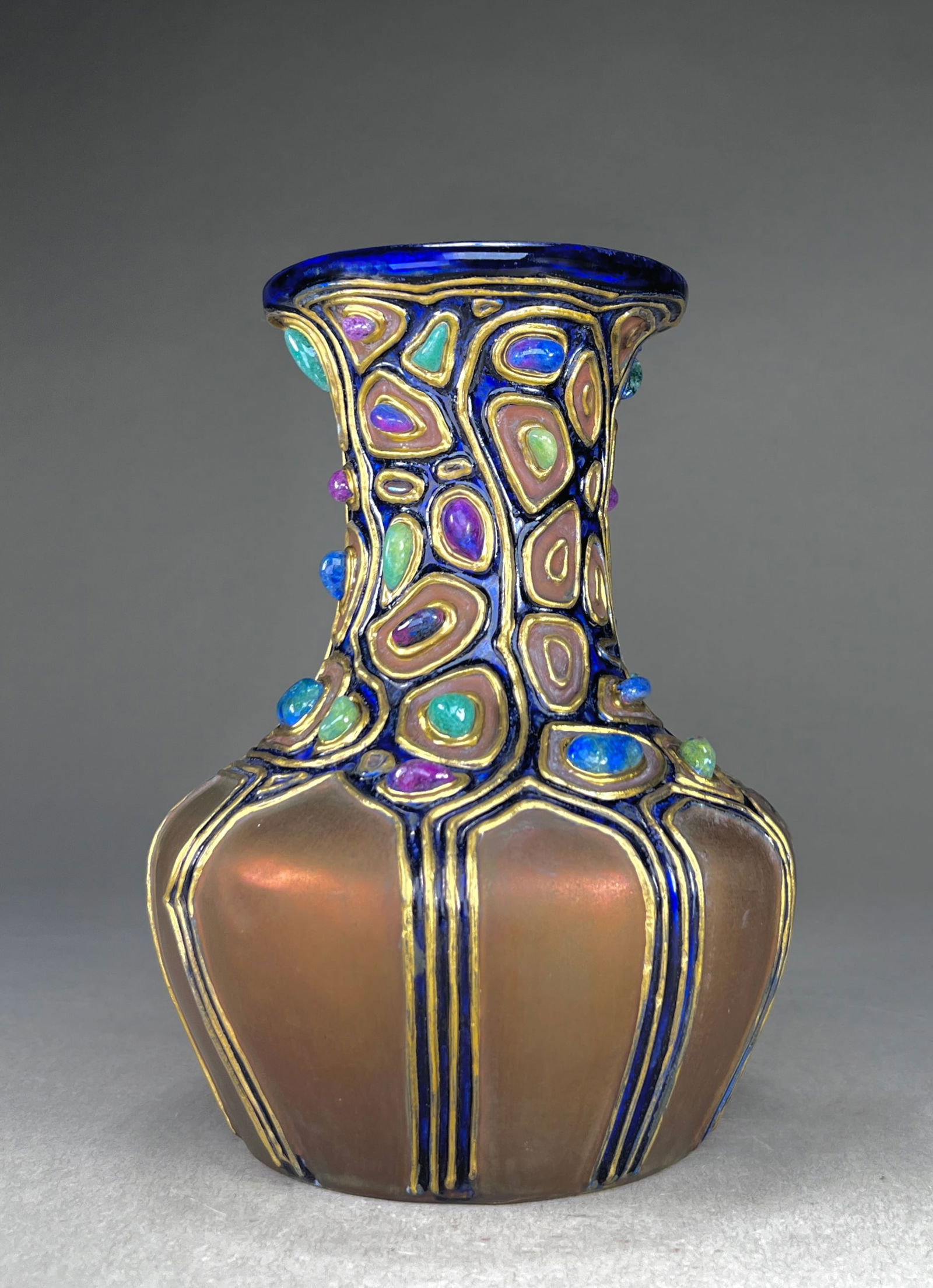 Exceptional Art Nouveau Gres Bijou Vase Featuring large colorful jewels and gems by Eduard (1 of 4)