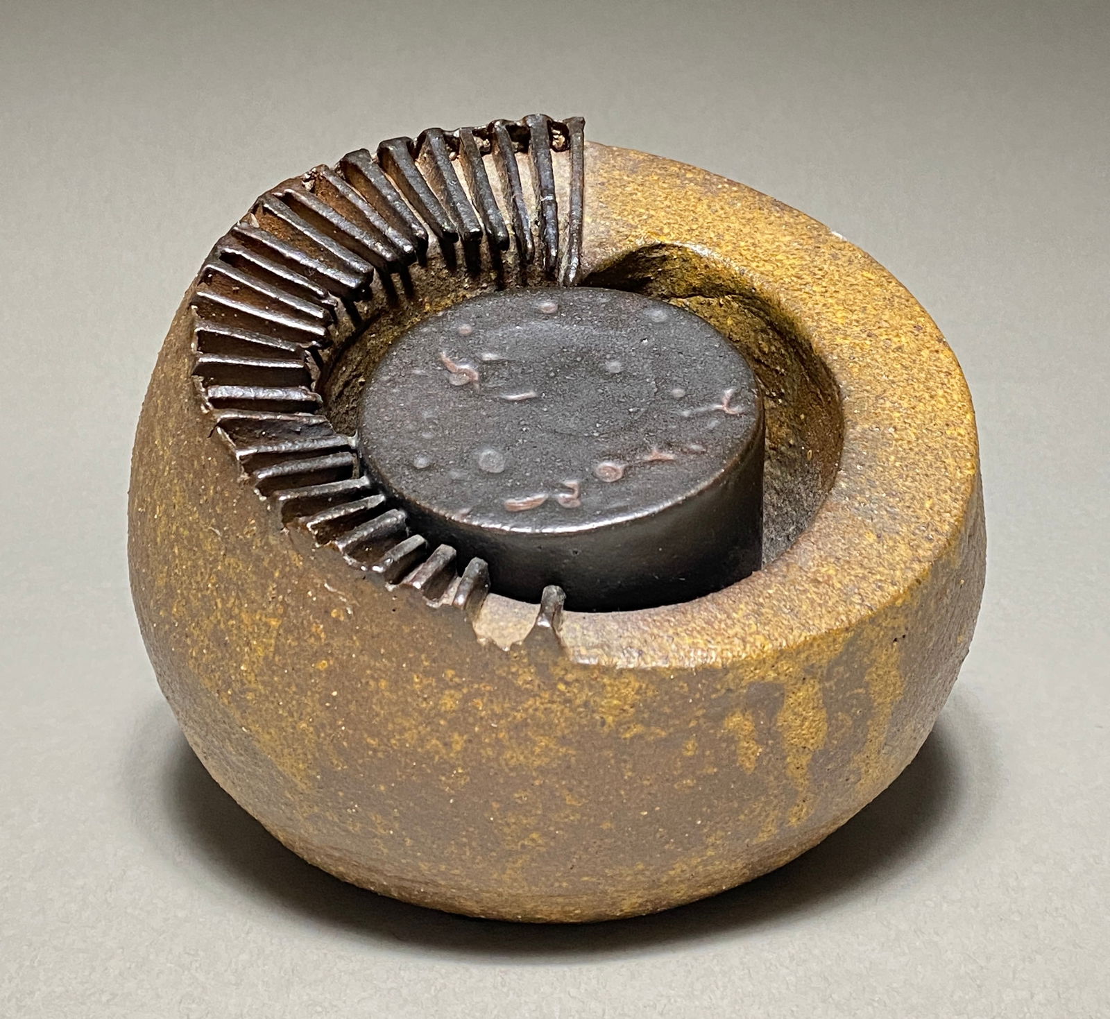 Architectural Contemporary Stoneware Sculpture with Textured Relief, Lustrous Black Glaze, 20th (1 of 8)