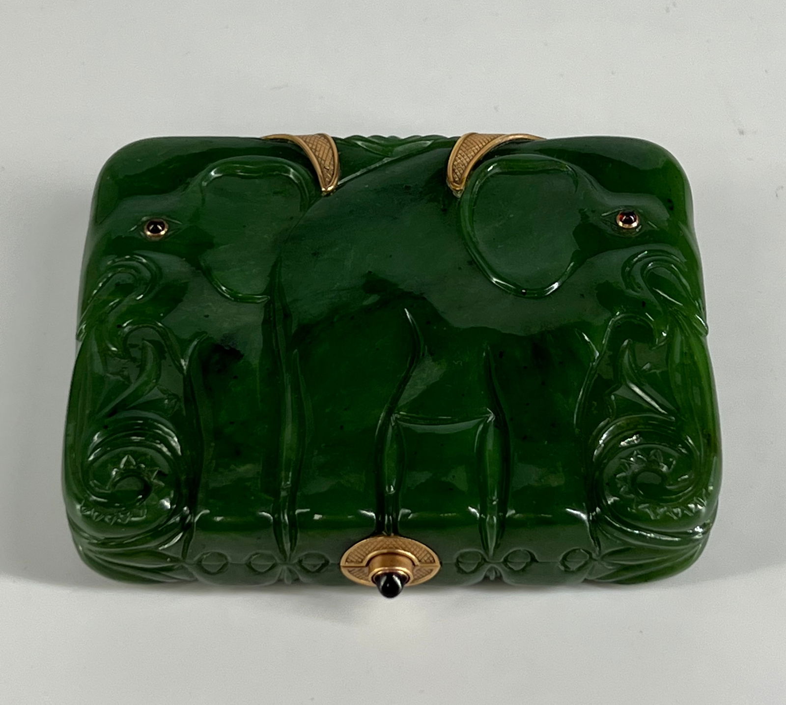 A Rare and Exquisite Quality Russian Jeweled and Gold Mounted Nephrite Cigarette Case (1 of 16)