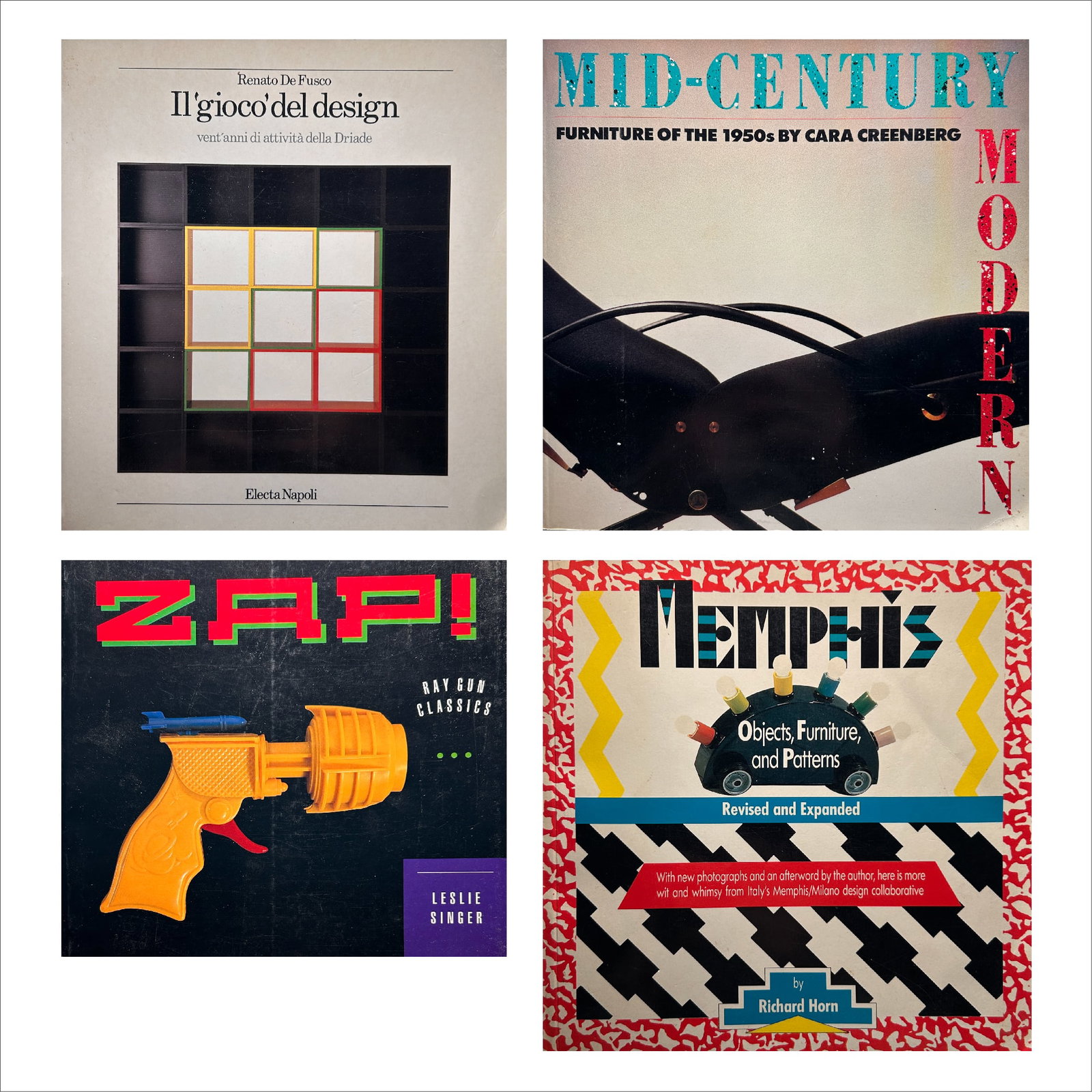 Lot of 4 books: Lot of 4 books "Il gioco del design" (The Game of Design) by Renato De Fusco, published by Electa Napoli "Mid-Century Modern: Furniture of the 1950s" by Cara Greenberg "Zap! Ray Gun Classics" by Lesli
