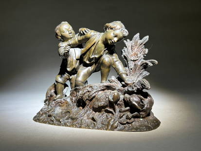 Austrian Bronze Sculpture Brothers Playing with Pet Dog - 19th Century: Austrian Bronze Sculpture Brothers Playing with Pet Dog - 19th Century Austrian bronze sculpture depicts two brothers playing in a field, capturing a charming and lively childhood moment. The older br
