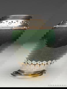 Hautin Boulanger & Cie Green Vase with Ormolu Mountings 20th century.: Hautin Boulanger & Cie Green Vase with Ormolu Mountings 20th century. Art Nouveau vase features a deep jade green ceramic body encased in ornate silver mounts. The piece combines rich colors with intr