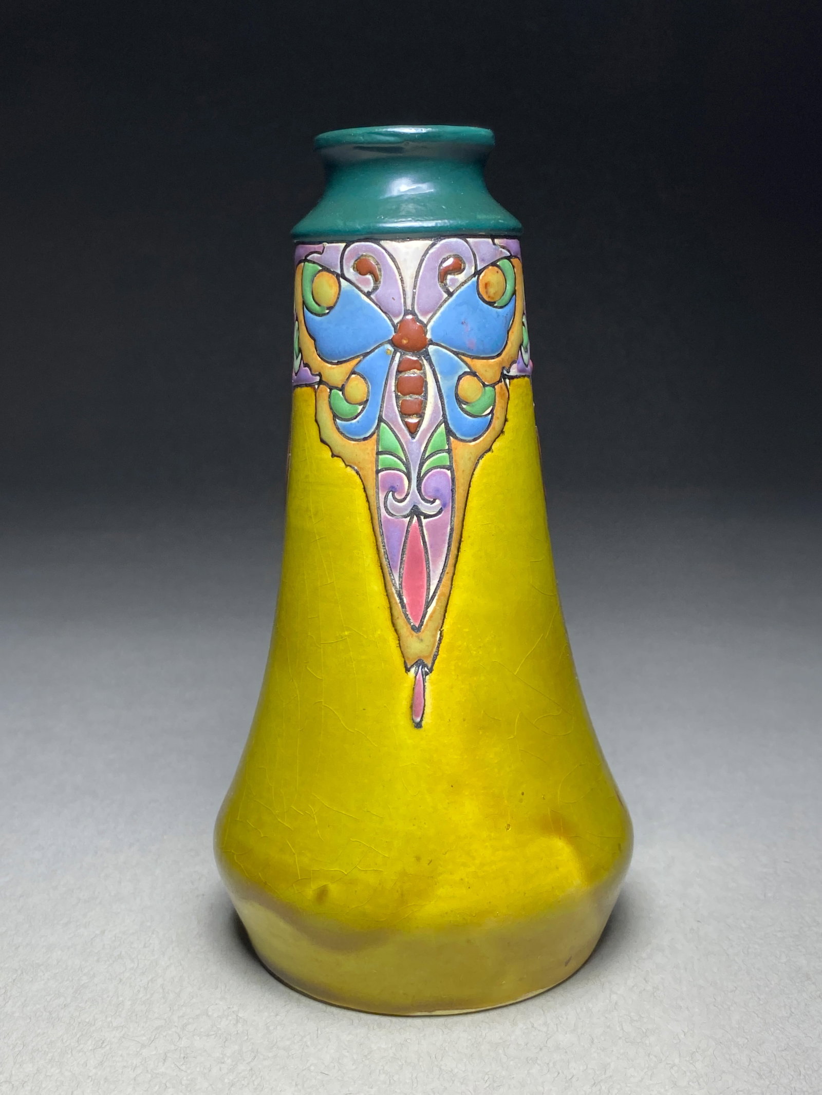 Montieres Art Nouveau Butterfly Ceramic Vases by Jean Barol, early 20th Century: Montieres Art Nouveau Butterfly Ceramic Vases by Jean Barol, early 20th Century Art Nouveau ceramic vase, crafted in the early 20th century by Montieres, exhibits a distinctive conical form with an el