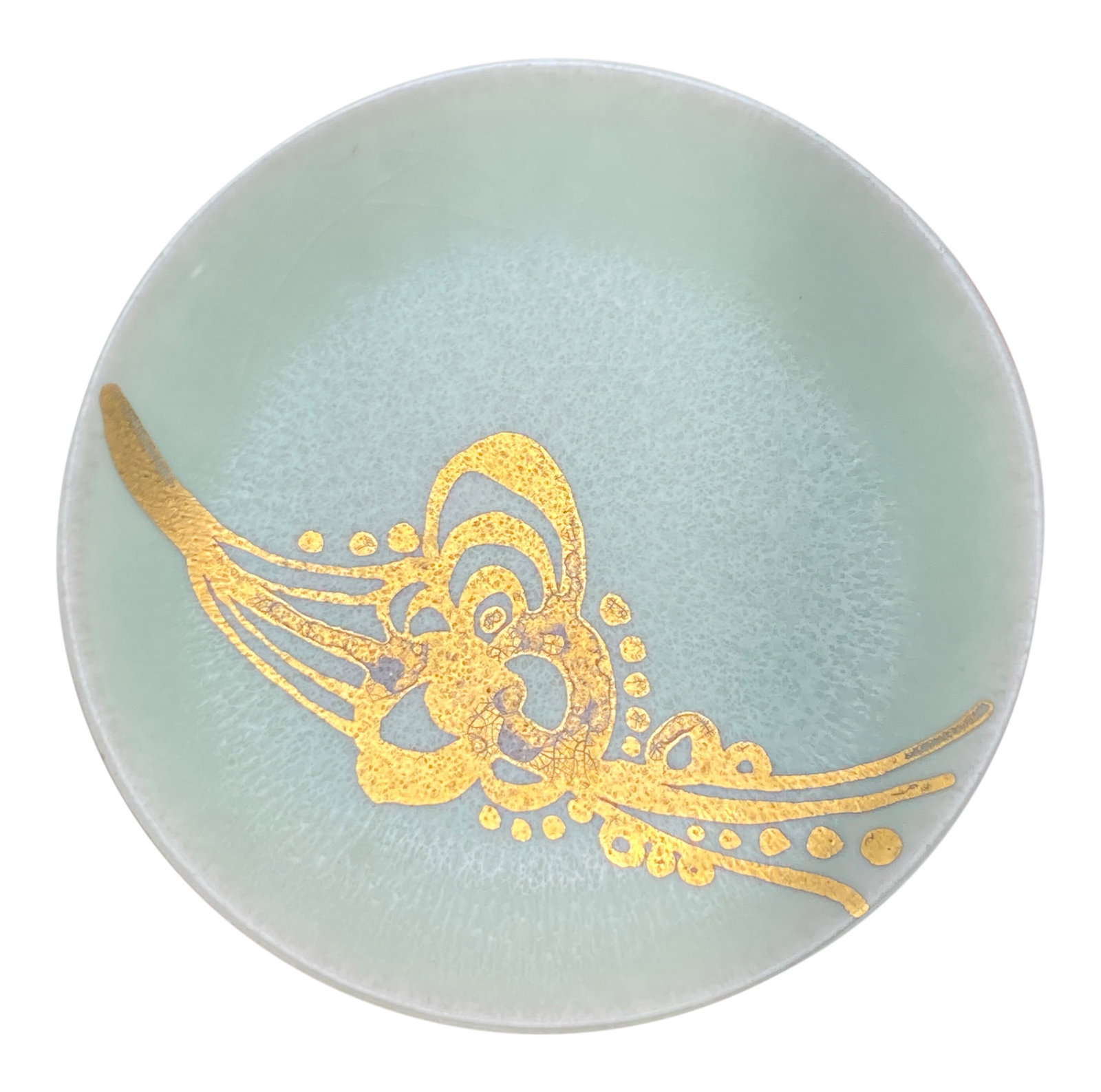 Borje Skohg Decorative Gold and Celedon Plate, 1980s: Borje Skohg Decorative Gold and Celedon Plate, 1980s This exquisite porcelain plate by renowned Swedish artist Borje Skohg, dated 1981, is a masterful example of modernist decorative design. The plate