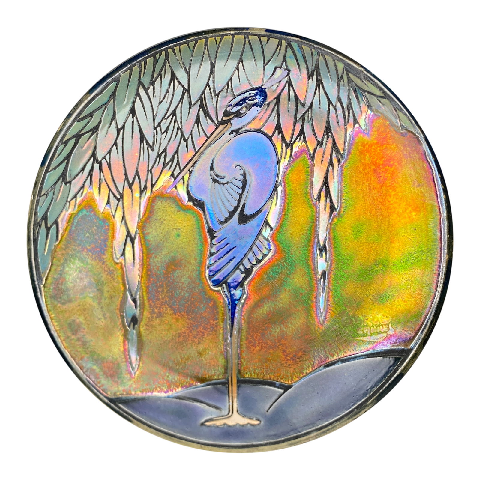 Jean Barol Iridescent Ceramic Plate Depicting a Heron beneath Willow Leaves - Early 20th Century (1 of 6)