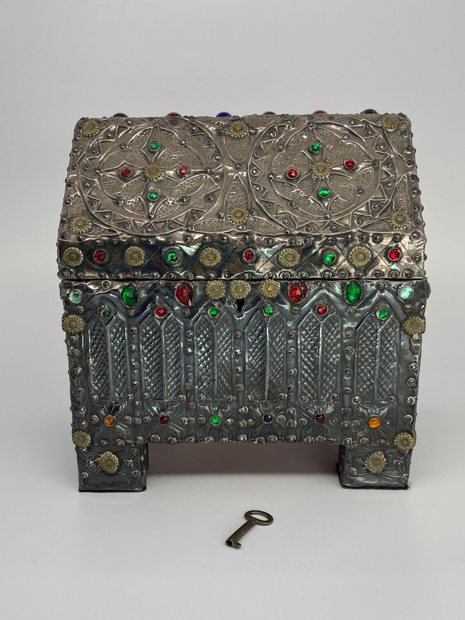 Gothic Revival Treasure Chest With Working Lock Silvered Metal and Glass Beads (1 of 1)