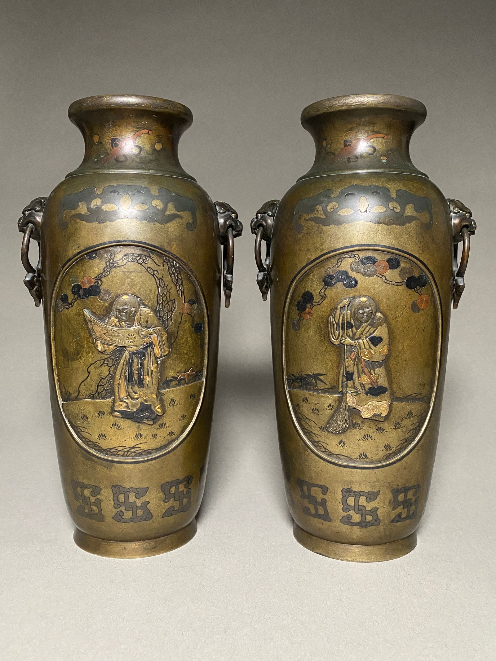 Pair of Japanese Meiji Bronze and Mixed Metal Vases (1 of 11)