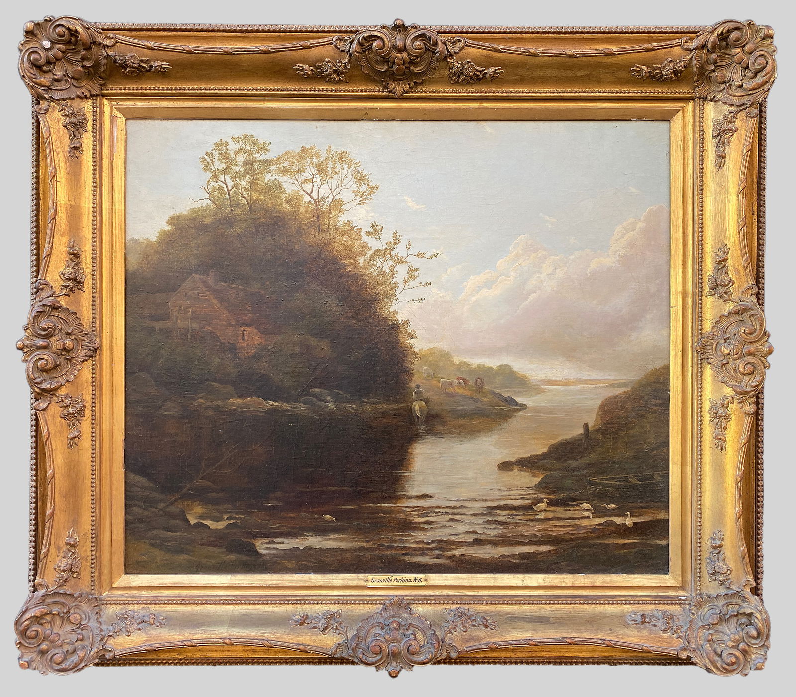 Hudson River School - Granville Perkins (1830-1895) - Evening on the River - Oil on canvas - (1 of 8)