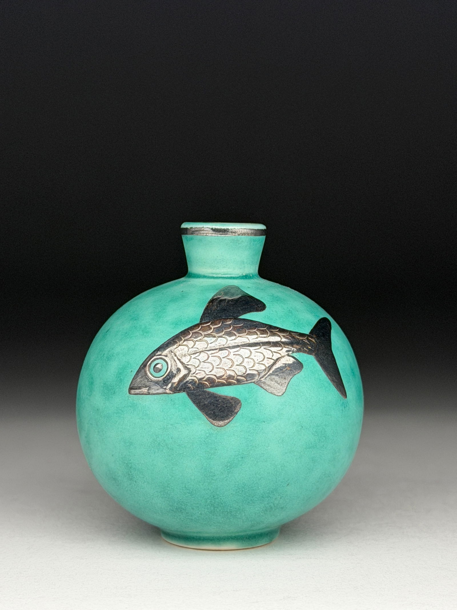 Wilhelm Kage Argenta Globular Stoneware Vase with Fish Motif (1 of 3)