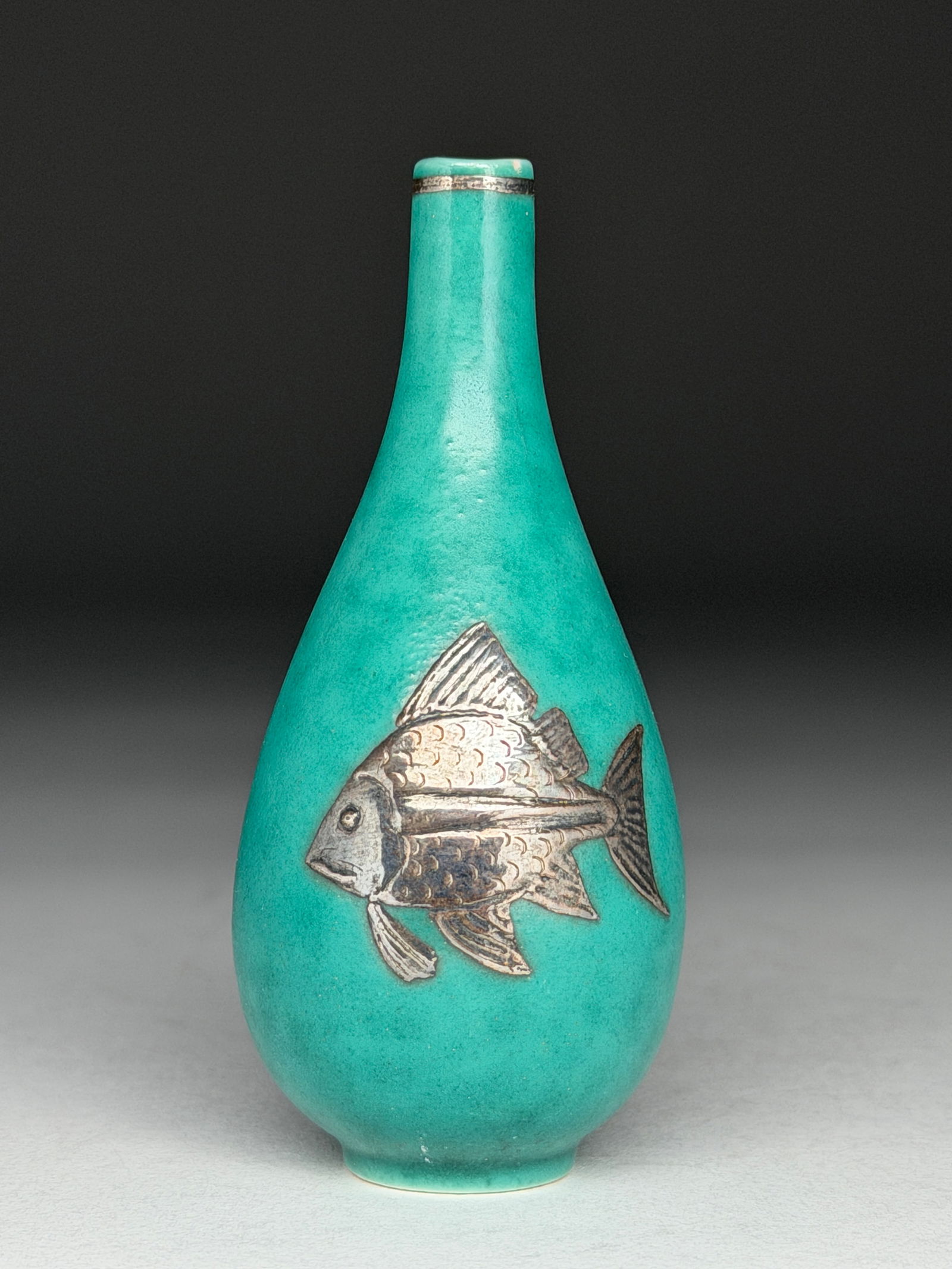 Wilhelm Kage Argenta Stoneware Vase with Fish Motif (1 of 3)