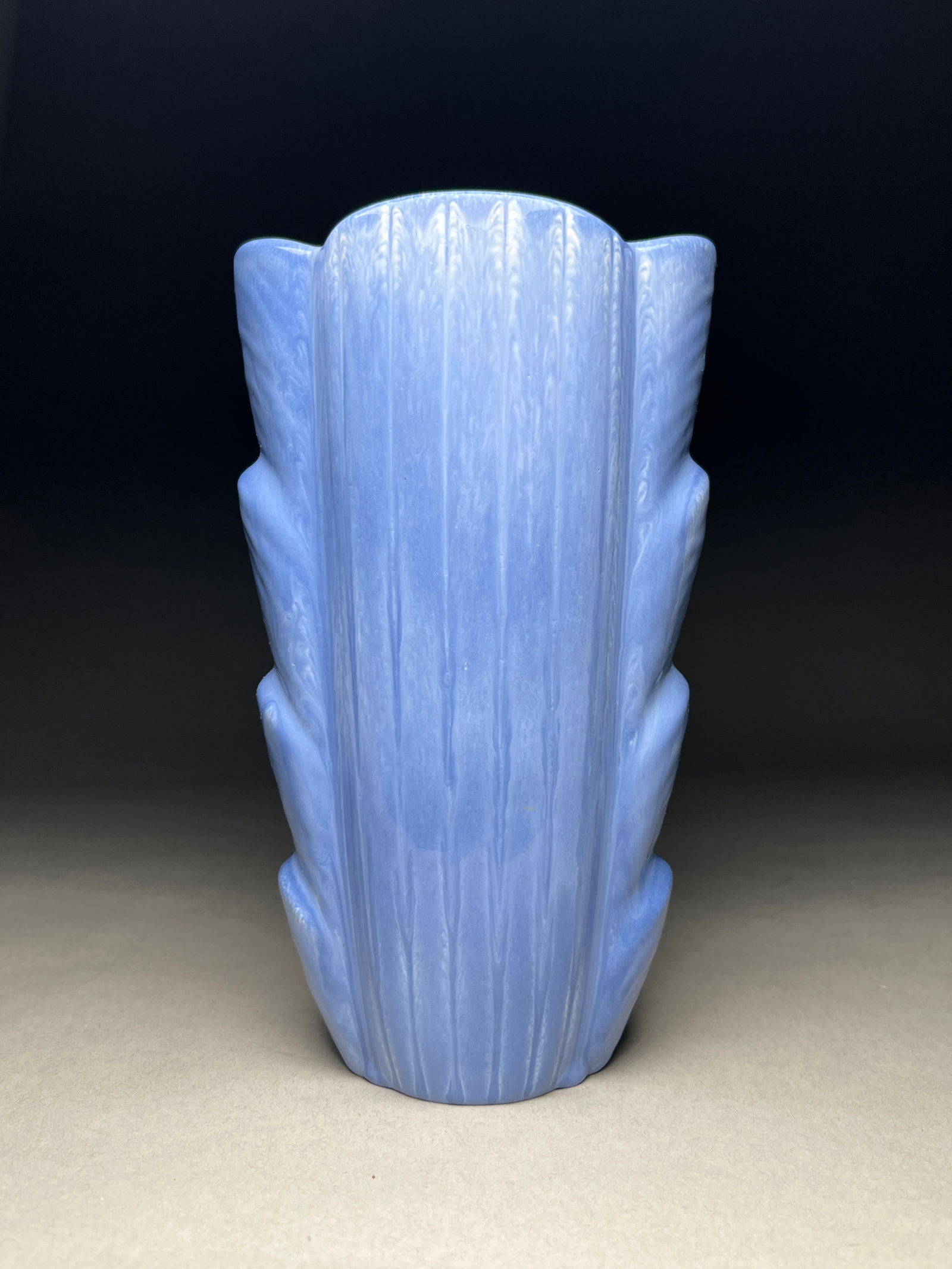 Gunnar Nylund Fluted Blue Ceramic Vase for Rorstrand - c.1940s: Gunnar Nylund Fluted Blue Ceramic Vase for Rorstrand - c.1940s Striking architectural vase featuring a dramatic fluted form with stylized projections along the sides. The piece is finished in a lumino