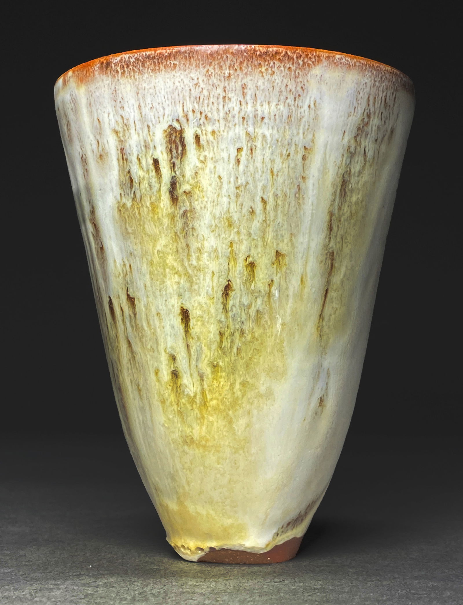 Modernist Ceramic Vessel in the Style of Lucie Rie, 1960s: Modernist Ceramic Vessel in the Style of Lucie Rie, 1960s A refined ceramic pottery vessel in the style of Lucie Rie, dating from the 1960s. This elegant piece features a spherical form with a short c