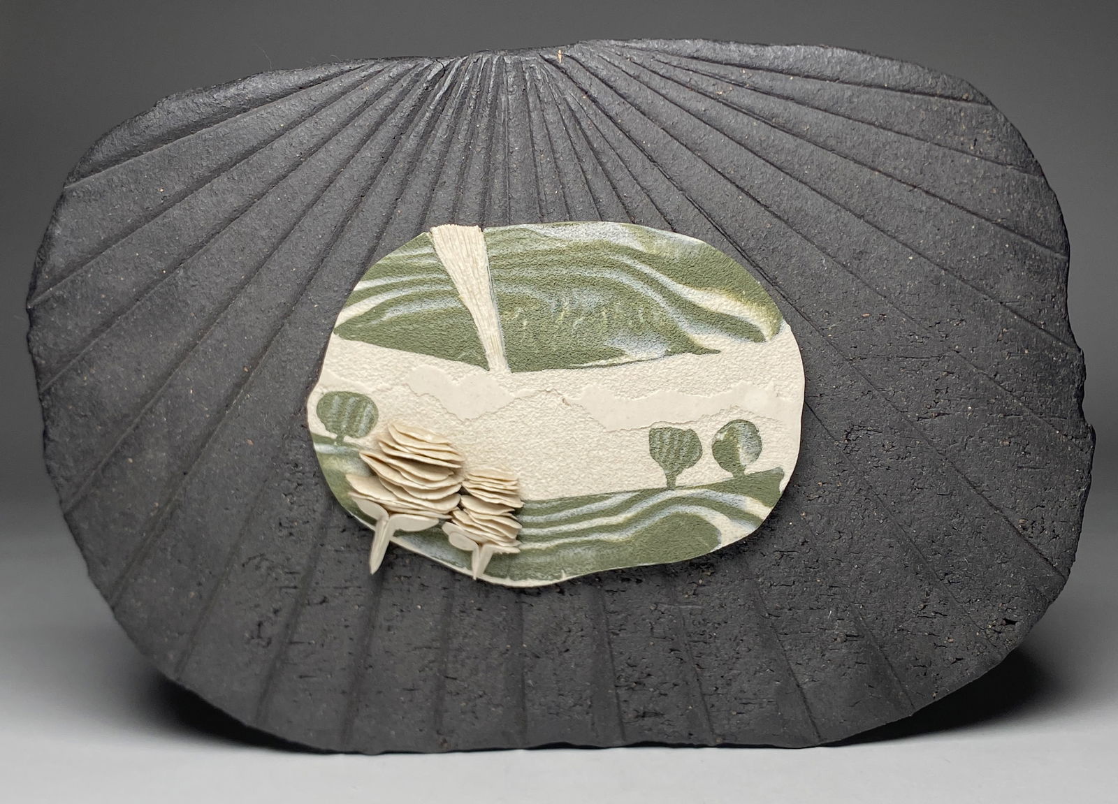 Horst Goebbels Stoneware Ceramic Landscape Plaque - Late 20th Century: Horst Goebbels Stoneware Ceramic Landscape Plaque - Late 20th Century This sculptural ceramic plaque by German artist Horst Goebbels presents a serene stylized landscape framed within a textured, fan-