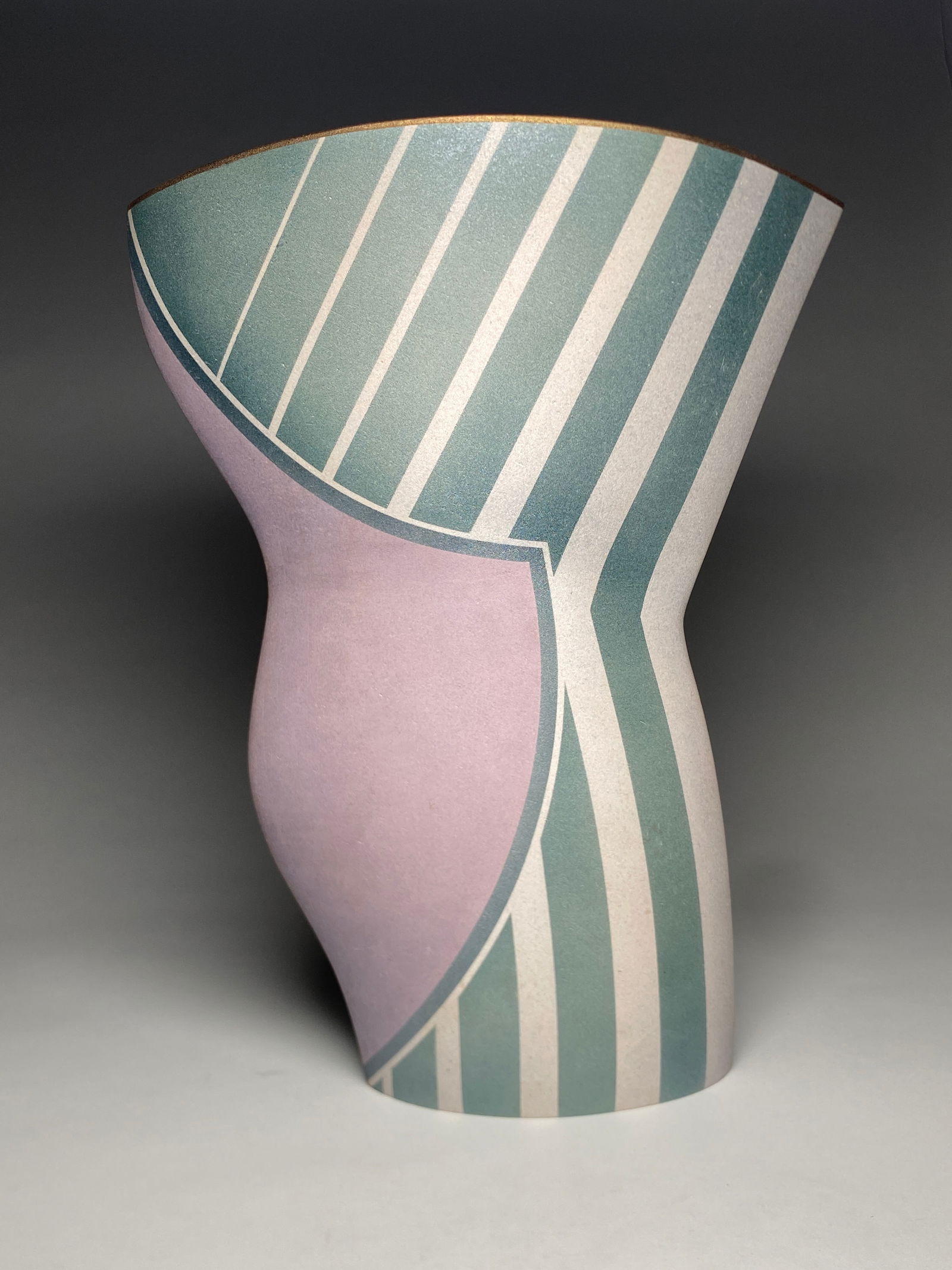 Jonathan Middlemiss Stoneware Sculptural Vase with Geometric Patterning - 1996: Jonathan Middlemiss Stoneware Sculptural Vase with Geometric Patterning - 1996 The vessel rises in a tall, asymmetric silhouette with a flared top and curving body, its form shifting between concave a