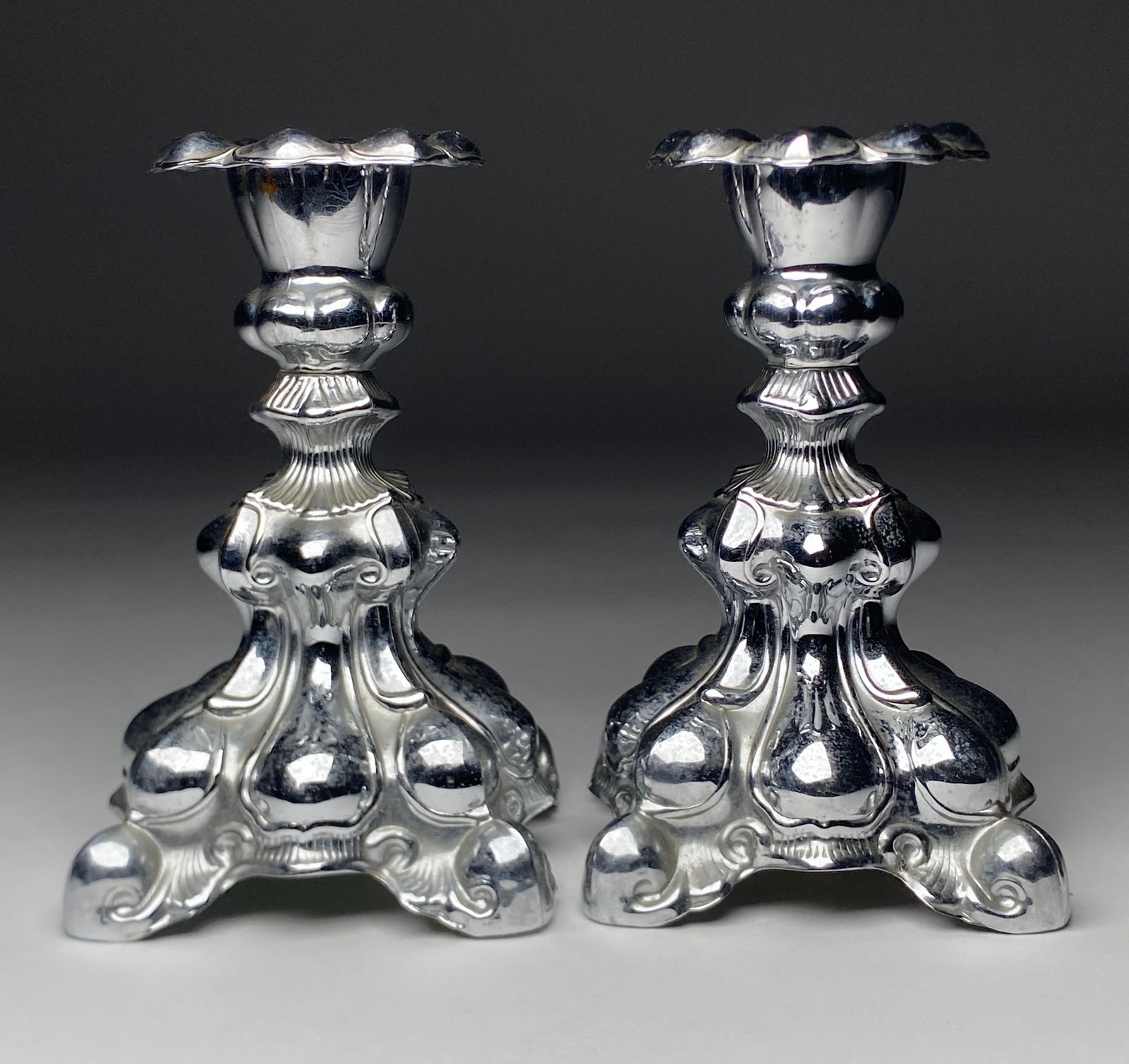 Pair of Swedish Silvered Metal Ornate Candlesticks - Mid 20th Century (1 of 4)