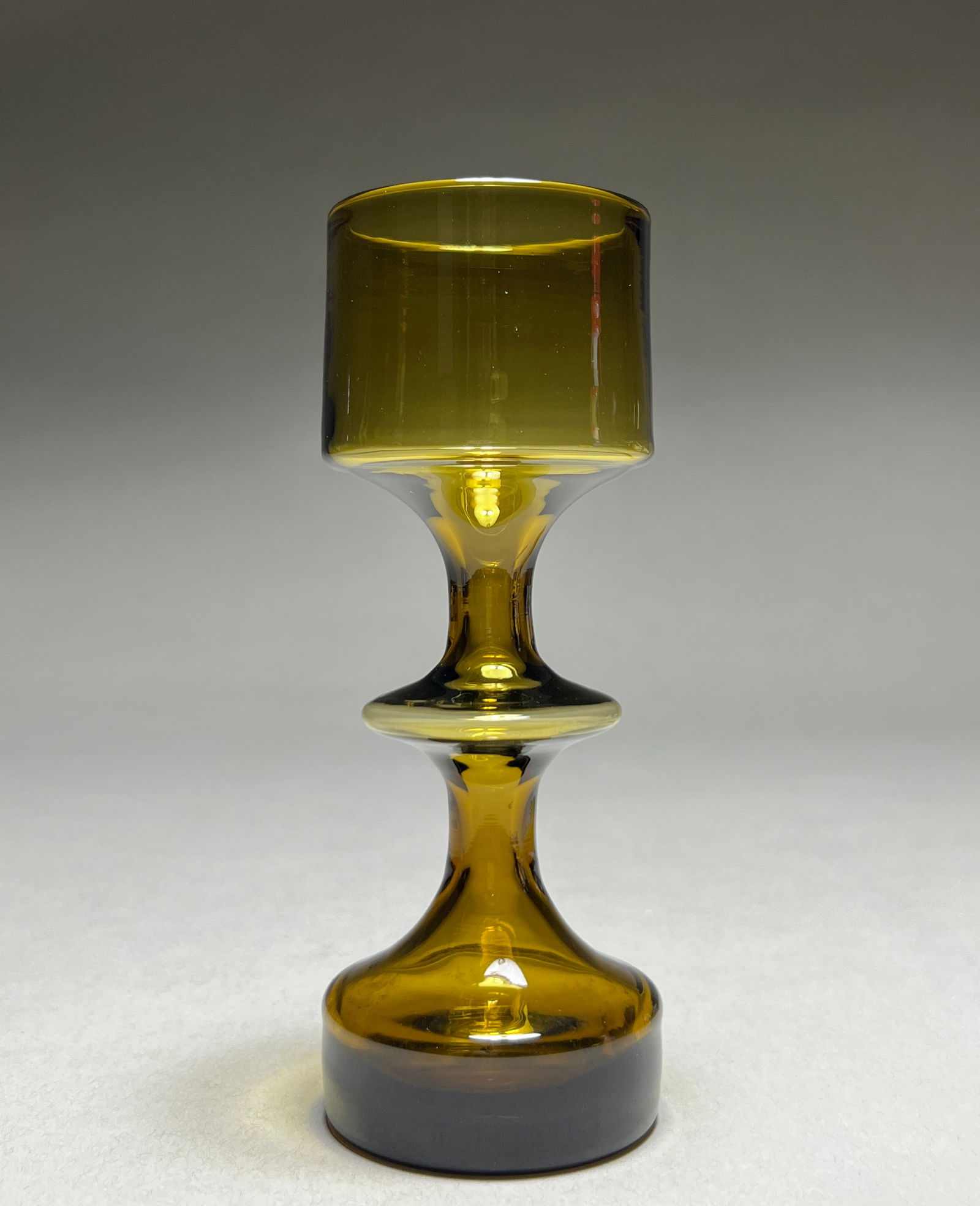 Kaj Franck Sculptural Amber Glass Goblet for Nuutajarvi-Notsjo - Mid Century Modern: Kaj Franck Sculptural Amber Glass Goblet for Nuutajarvi-Notsjo - c.1960s Striking modernist goblet featuring a distinctive hourglass-shaped stem with bold architectural elements. The piece is crafted