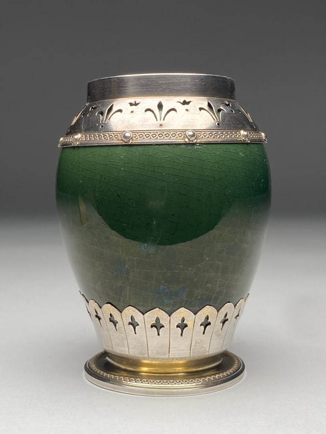 Hautin Boulanger & Cie Green Vase with Ormolu Mountings 20th century.: Hautin Boulanger & Cie Green Vase with Ormolu Mountings 20th century. Art Nouveau vase features a deep jade green ceramic body encased in ornate silver mounts. The piece combines rich colors with intr