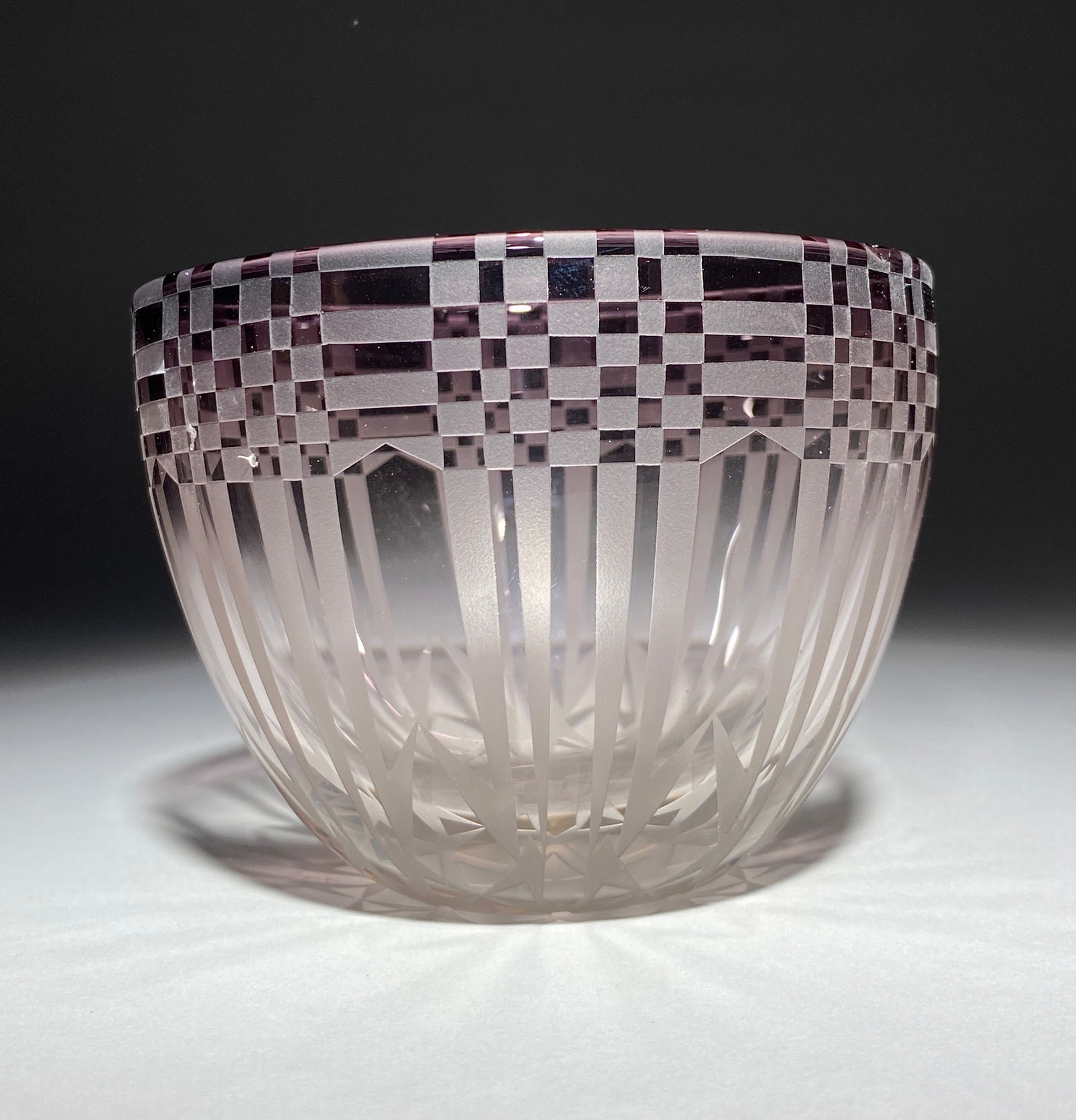 Benetti Art Glass Bowl "Geometric Frost" - Contemporary: Benetti Art Glass Bowl "Geometric Frost" - Contemporary Glass bowl by Benetti features a refined blend of frosted and clear glass with geometric patterns. Made from transparent crystal with soft viole