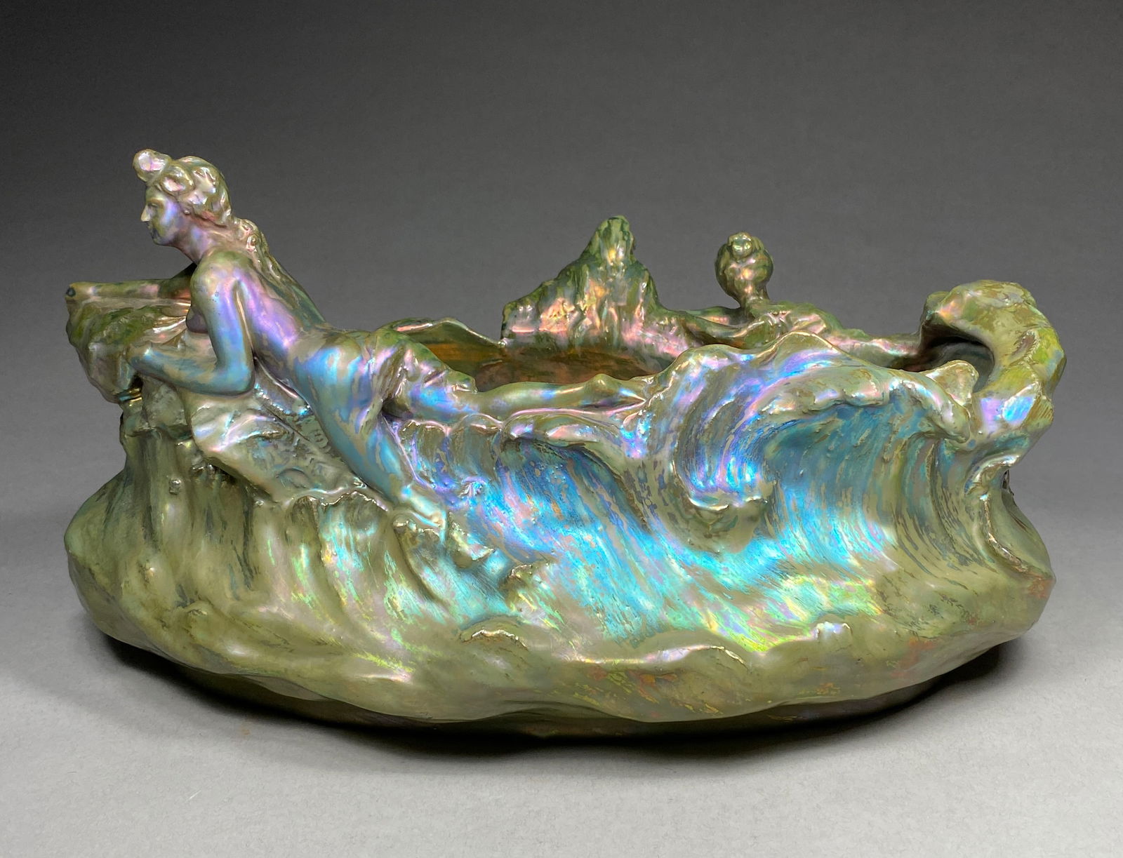 Exceptionally Rare Art Nouveau Clement Massier Iridescent Jardiniere, Early 20th century: Exceptionally Rare Art Nouveau, Clement Massier Iridescent Jardiniere, Early 20th century Clement Massier Iridescent Jardiniere showcasing two graceful nymphs in dynamic poses, their forms elegantly i