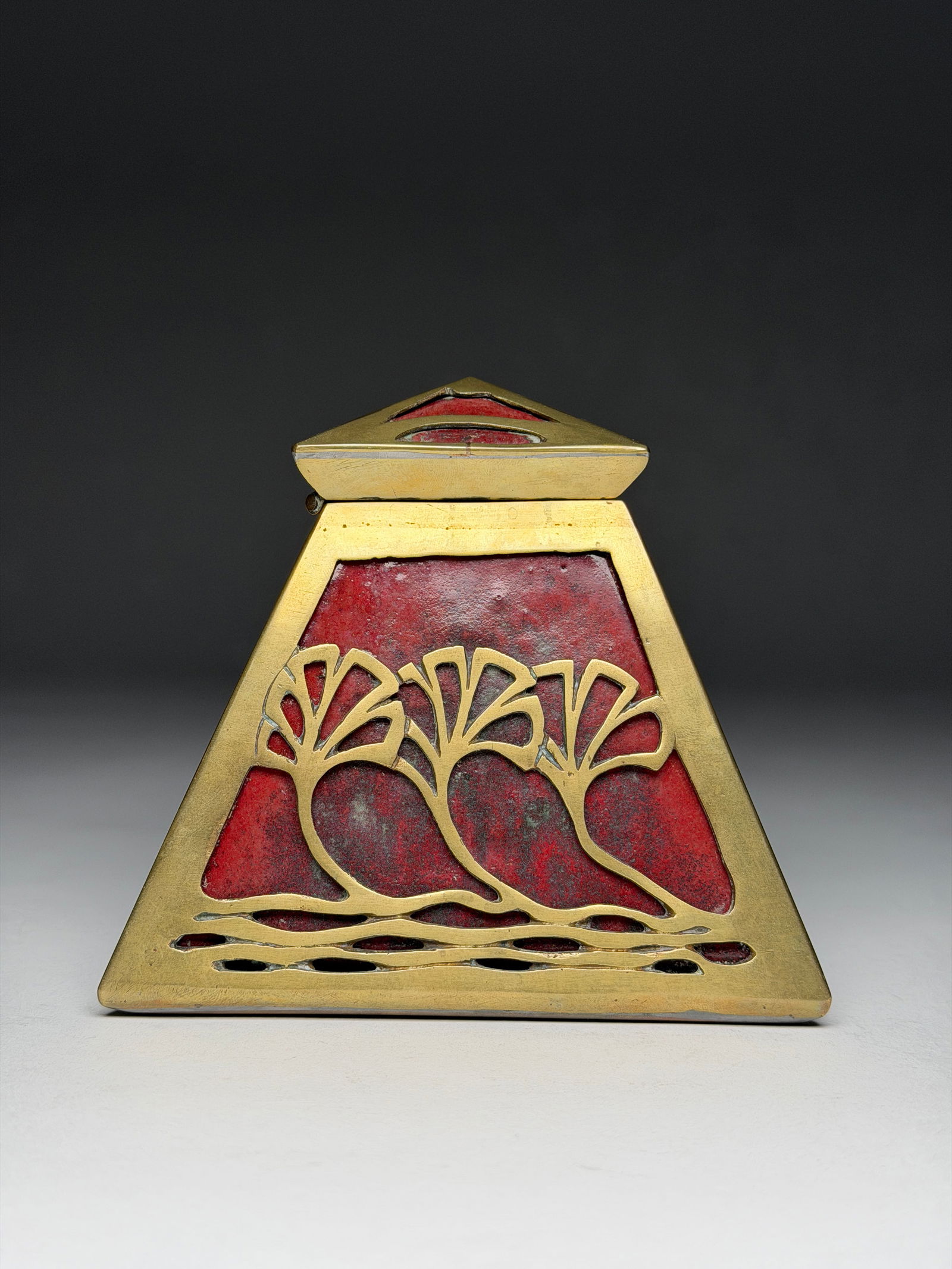 An Exceptionally Rare Example Pierre-Adrien Dalpayrat Sang-de-Boeuf Red Gilt Bronze Mounted: An Exceptionally Rare Example Pierre-Adrien Dalpayrat Sang-de-Boeuf Red Gilt Bronze Mounted Stoneware Inkwell, Pyramid Form with Abel Landry Mount - Circa 1900 An exceptional and sculptural Art Nouvea
