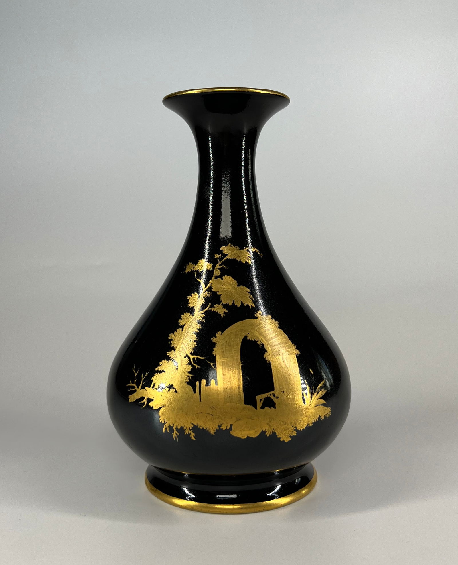 Imperial Russian Porcelain Vase "Chinese Garden" - Reign of Alexander I, circa 1801-1825: Imperial Russian Porcelain Vase "Chinese Garden" - Reign of Alexander I, circa 1801-1825 This Imperial Russian porcelain vase features a lustrous bluish-black glaze adorned with exquisite gilt decorat