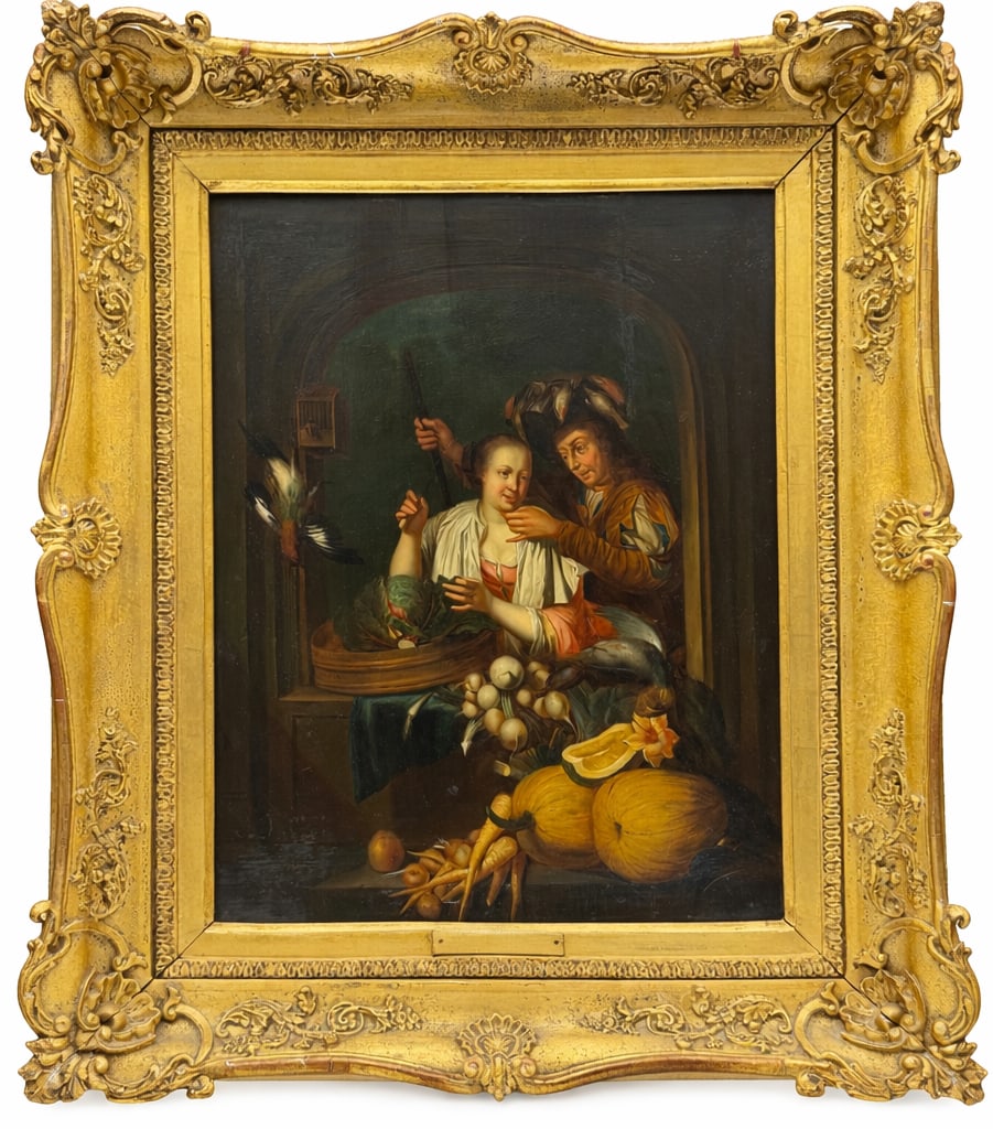 Dutch School, circa 1675-1725 A game seller and a greengrocer at a casement: Dutch School, circa 1675-1725 A game seller and a greengrocer at a casement This finely composed genre scene presents an intimate exchange between two figures framed within a shallow architectural ope