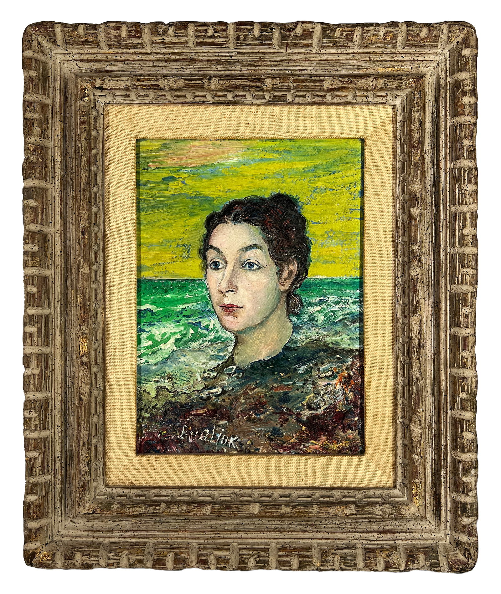 David Burliuk (1882-1967 Russian-American Artist) "Mrs. Burliuk" - Oil on panel: David Burliuk (1882-1967 Russian-American Artist) "Mrs. Burliuk" - Oil on panel Oil on Cardboard 16 x 20 inches (without frame), 26 x 30.5 inches with frame signed and inscribed Burliuk (lower right)