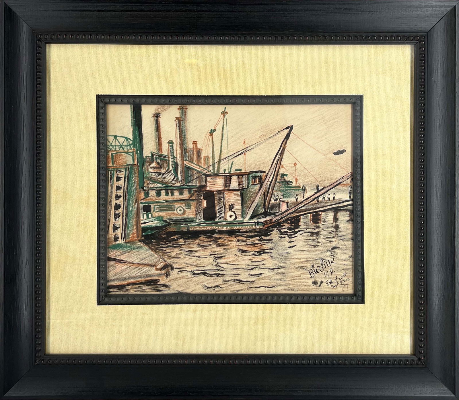 David Burliuk (1882-1967 Russian-American Artist) "Boathouse 8th st East river" - Mixed Media on: David Burliuk (1882-1967 Russian-American Artist) "Boathouse 8th st East river" - Mixed Media on paper Mixed media on paper 9 x 11.5 inches (without frame), 17.3 x 16.9 inches with frame signed and in