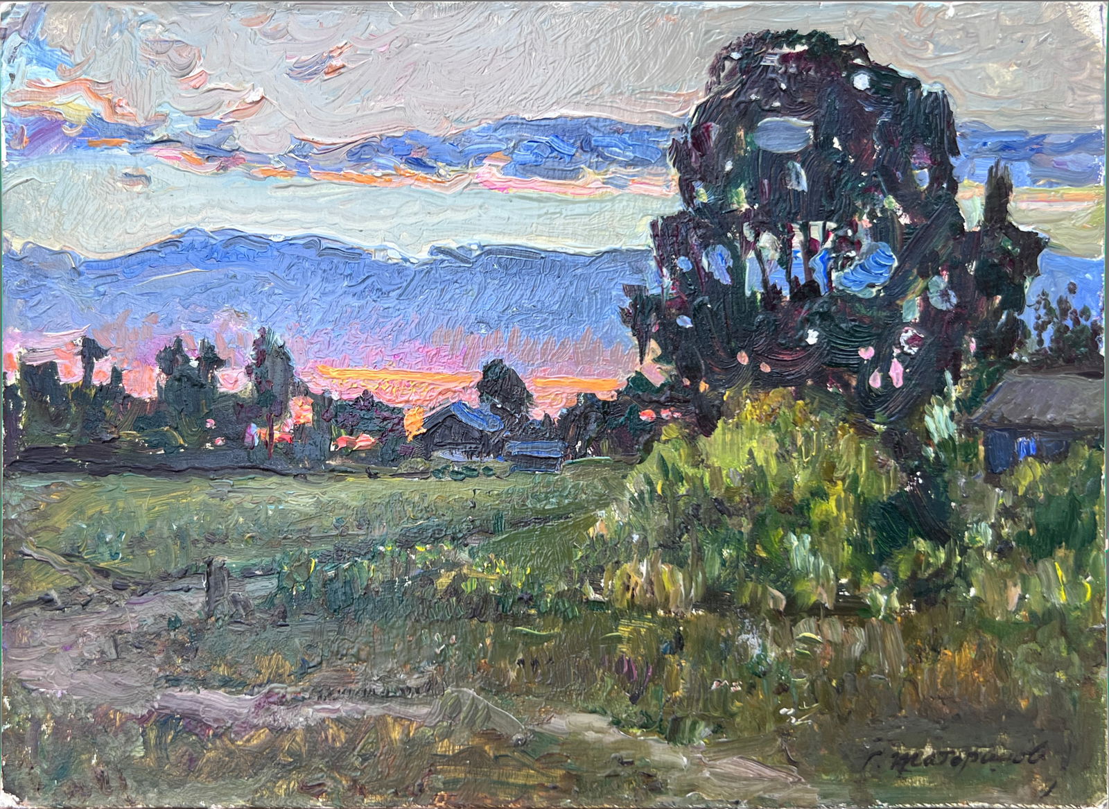 German A. Tatarinov - Spring Sunset- 1981: Rural Village in the Autumn Fog German Alexeevich Tatarinov Russian, 1925-2006 German Alexeevich Tatarinov - Soviet, Russian painter, Honored Artist of Russian Federation, lived and worked in Leningra