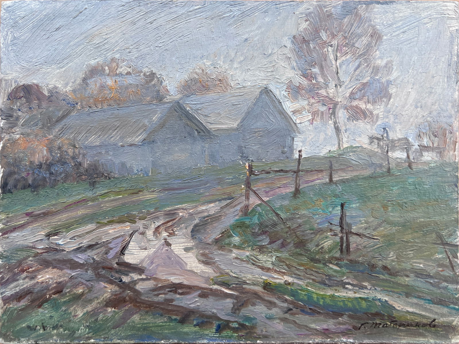 German A. Tatarinov - Rural Village in the Autumn Fog - 1981: Rural Village in the Autumn Fog German Alexeevich Tatarinov Russian, 1925-2006 German Alexeevich Tatarinov - Soviet, Russian painter, Honored Artist of Russian Federation, lived and worked in Leningra